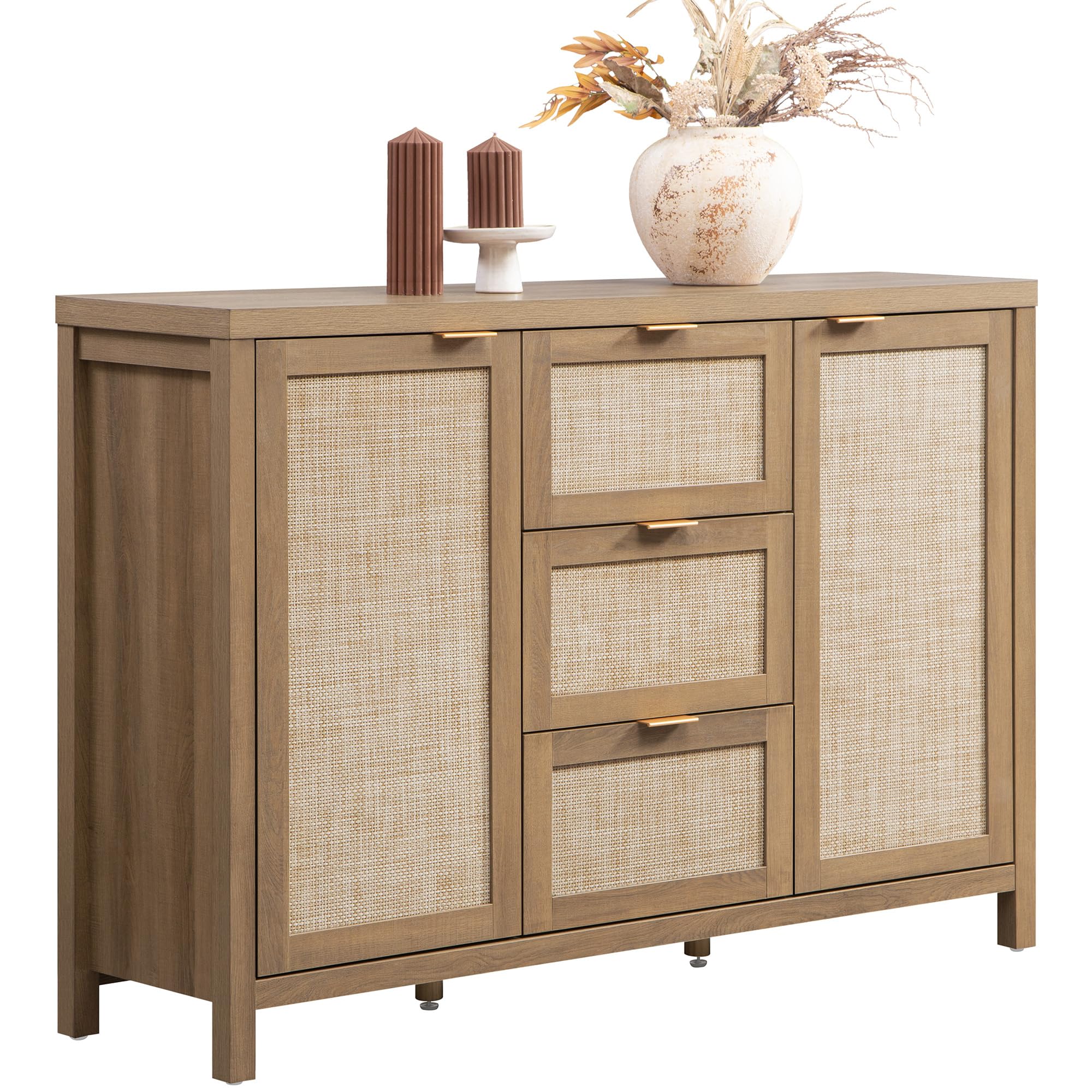 52" Rattan Sideboard Buffet Cabinet with 3 Drawers & 2 Doors, Boho Storage Console for Kitchen, Oak