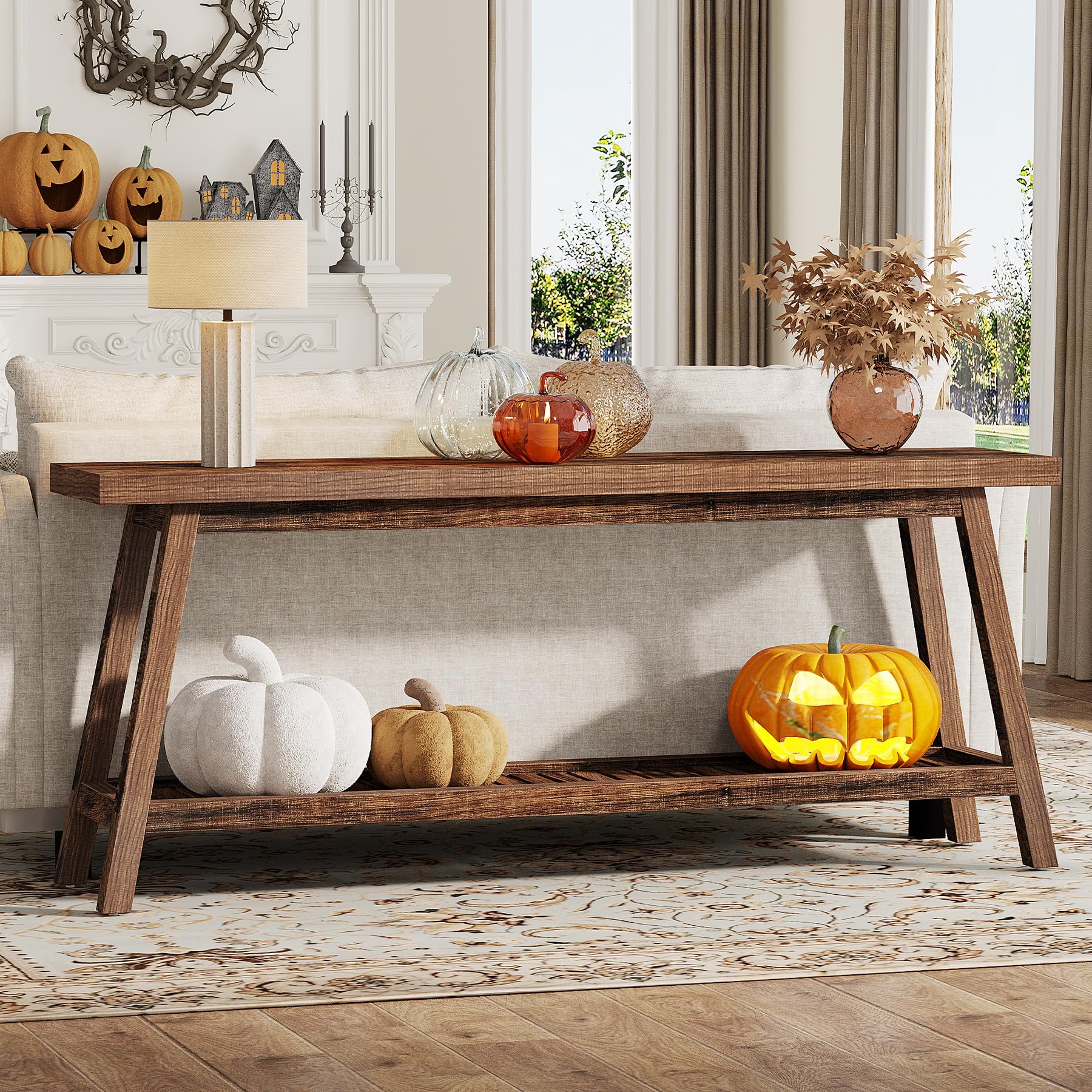 70.86" Farmhouse Console Table, 2-Tier Extra Long Entryway Sofa Table Behind Couch for Hallway, Rustic Brown