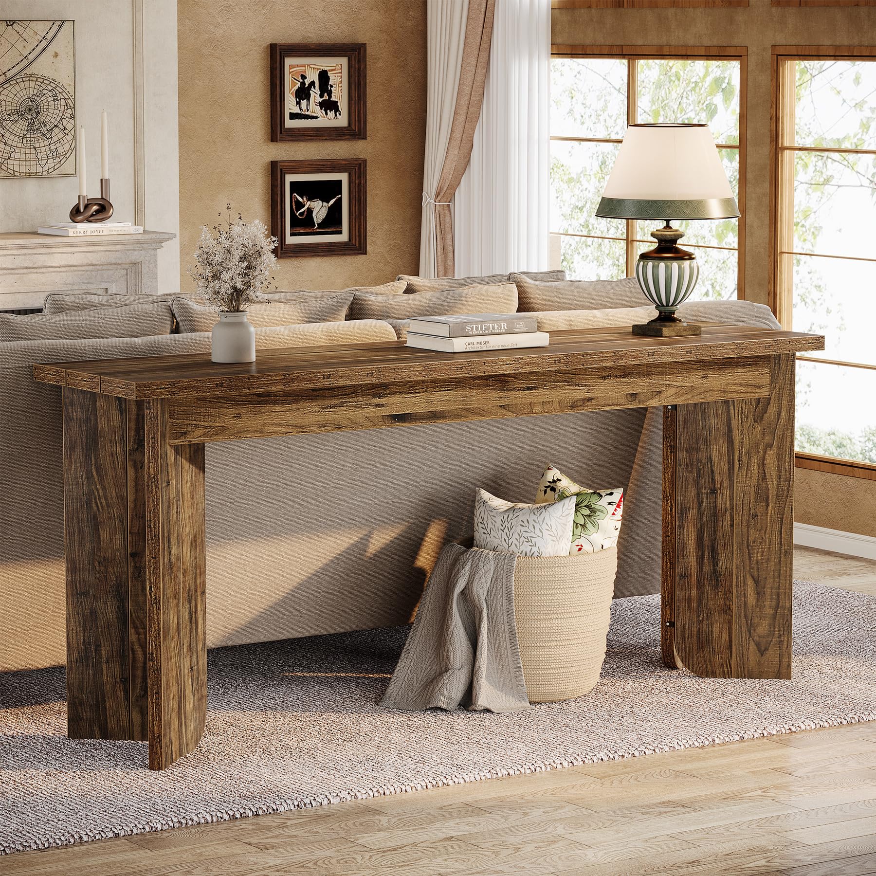 70.9" Extra Long Wooden Console Table, Farmhouse Sofa Table with Wide Top & Double Pedestal for Living Room, Hallway
