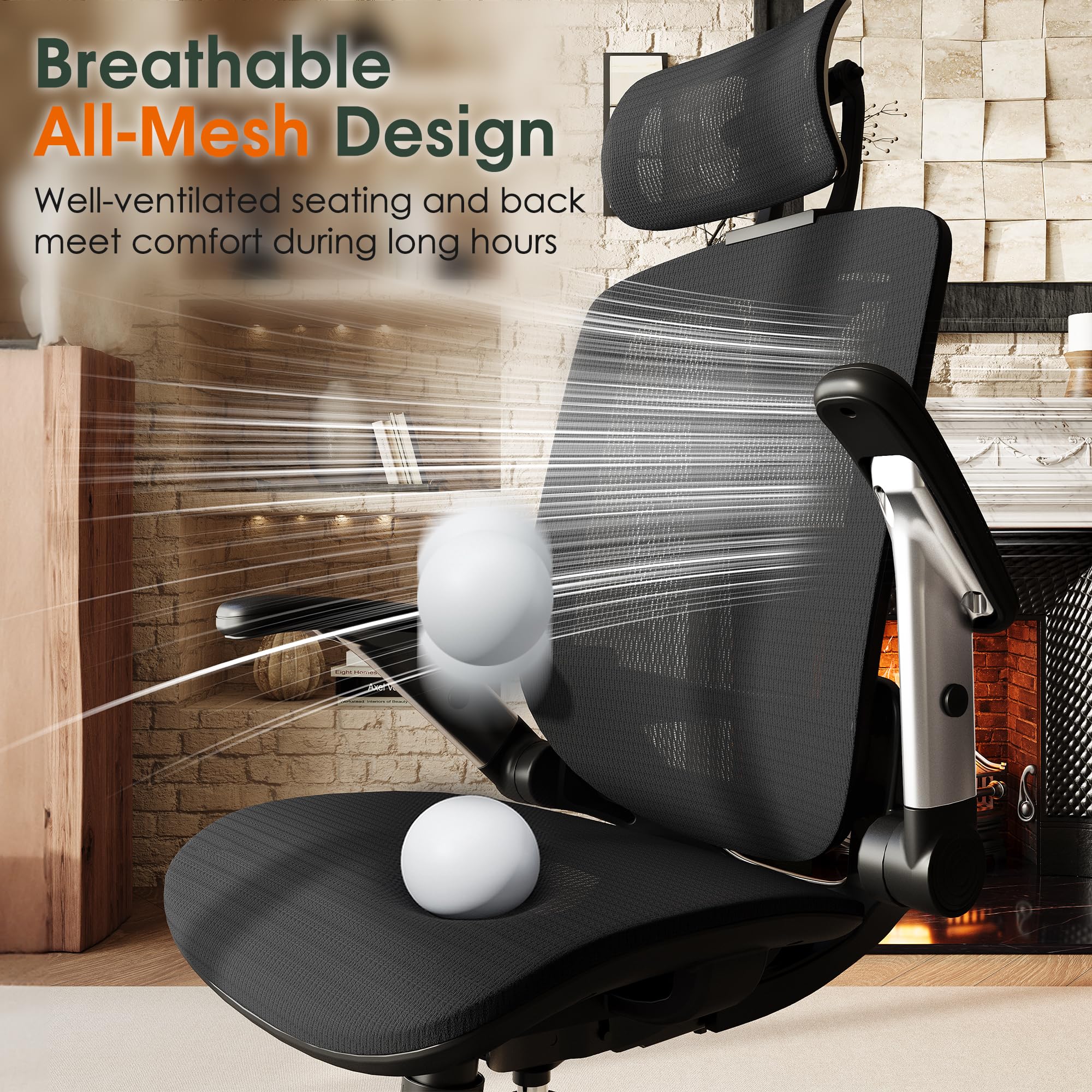 High Back Ergonomic Office Chair with Headrest, Flip-Up Arms, Wide Seat, Tilt Lock, Mesh Chair, Black