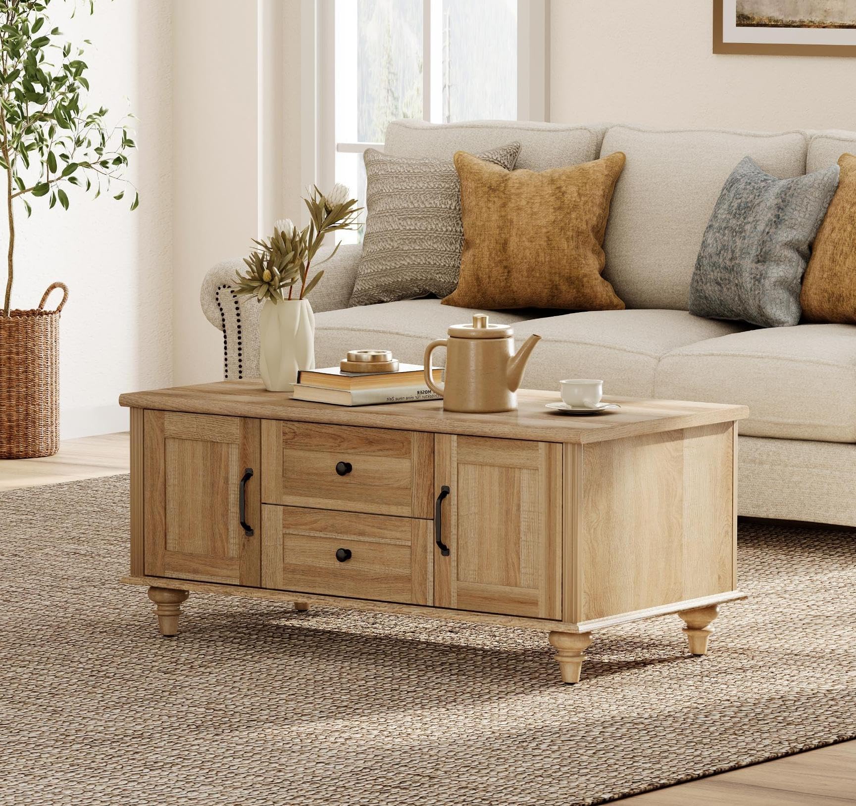 Farmhouse Coffee Table with Storage Cabinet, Rustic Wooden Center Table with Drawers for Living Room, Oak Finish