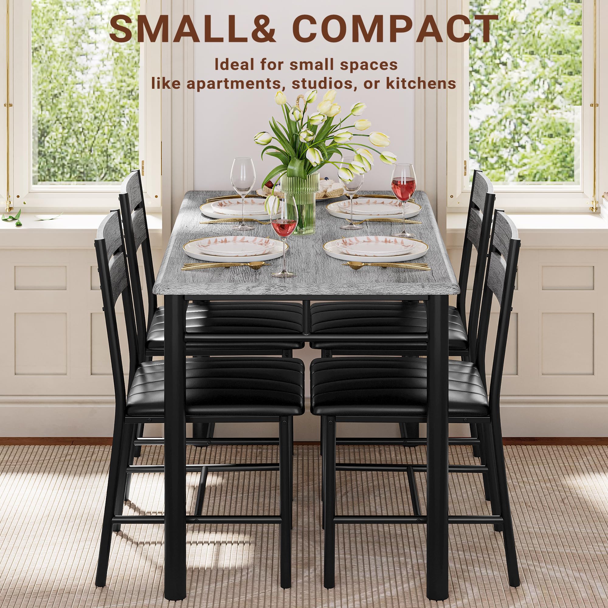 Dining Table Set for 4, Grey Upholstered Chairs with Wood Kitchen Table for Small Dining Room Spaces