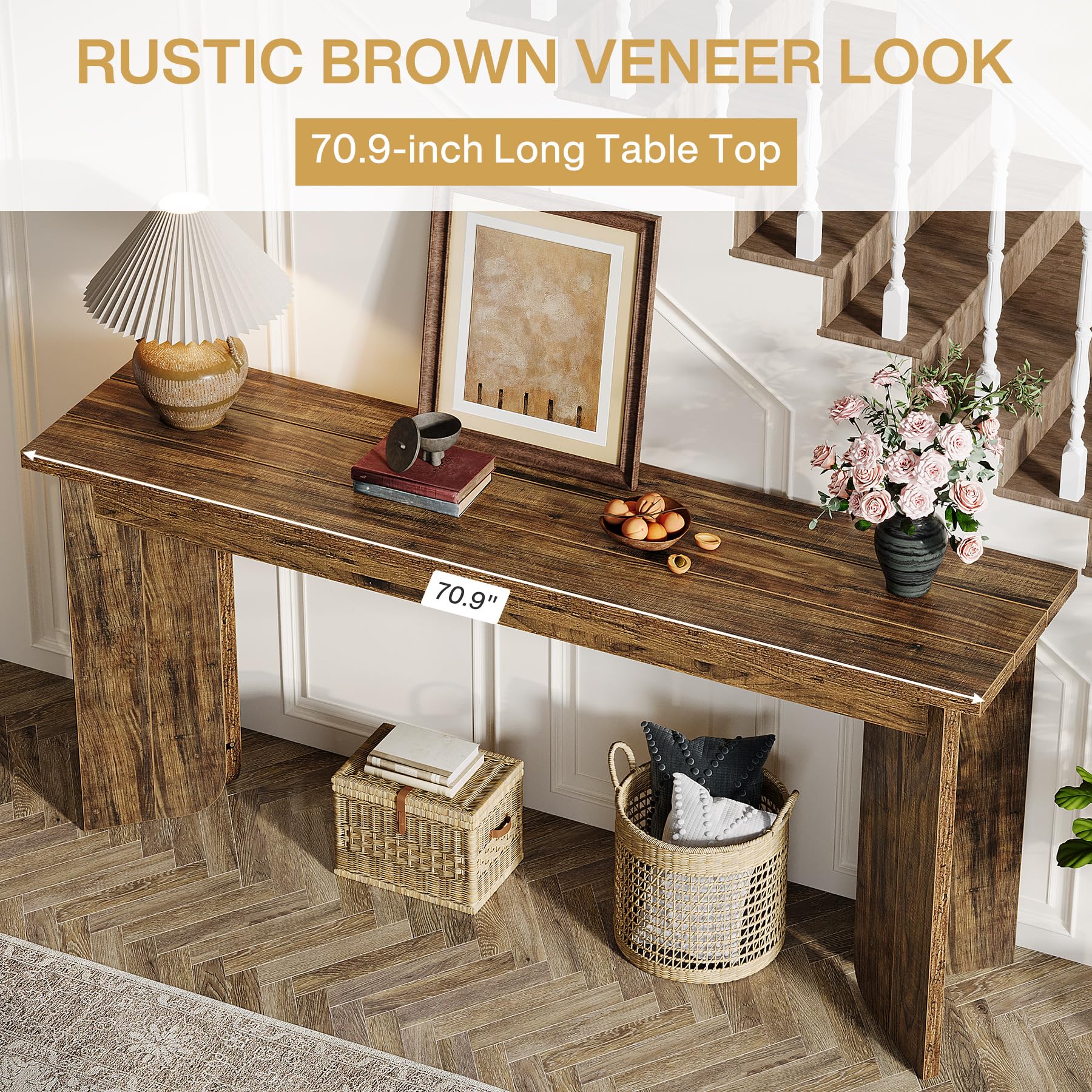 70.9" Extra Long Farmhouse Console Table, Wooden Sofa Table with Wide Top & Sturdy Pedestal for Living Room, Brown