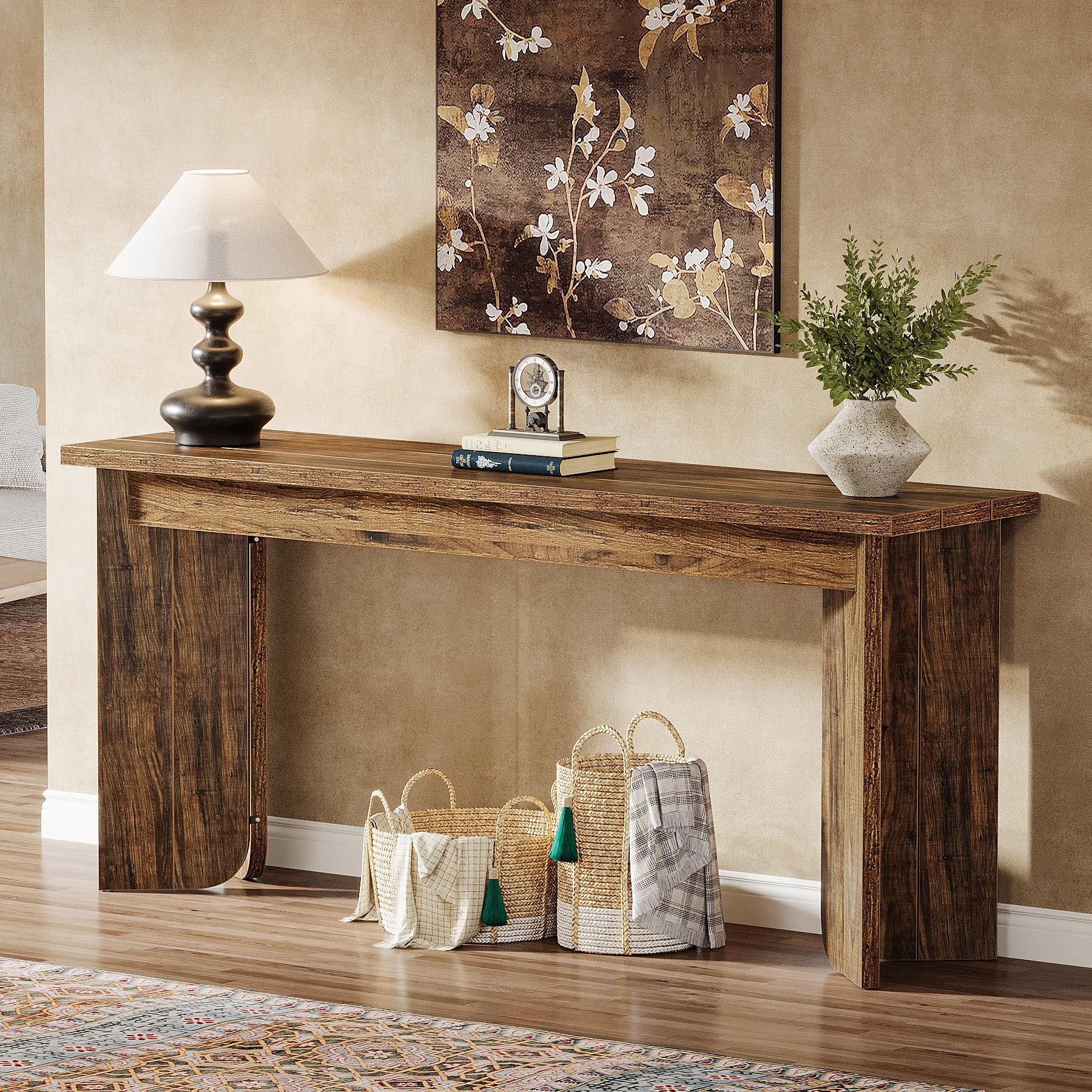 70.9" Extra Long Wooden Console Table, Farmhouse Sofa Table with Wide Top & Double Pedestal for Living Room, Hallway