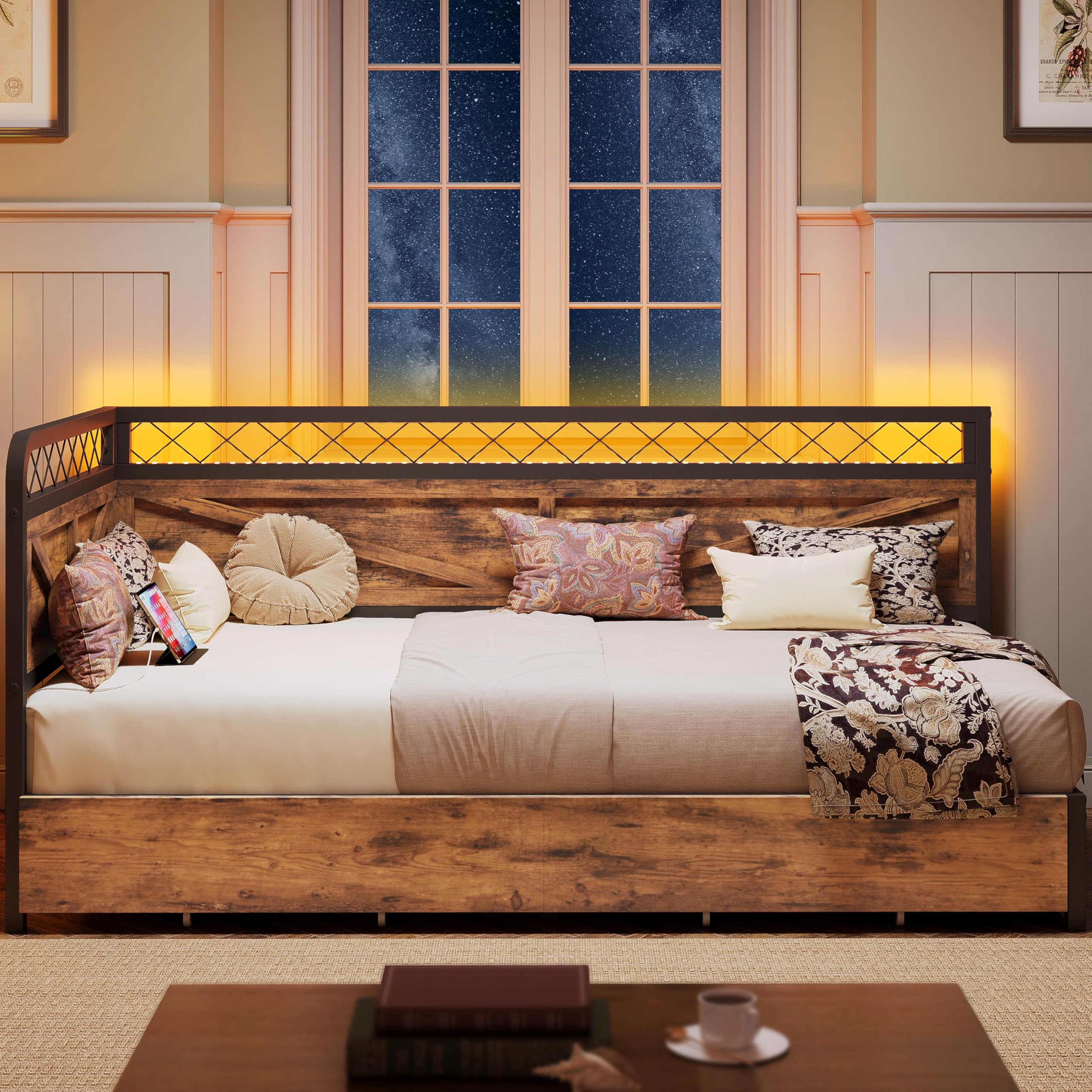 Industrial Brown Twin Daybed – Corner Bed with Storage Drawers, LED Lights & Charging Station for Guest Room