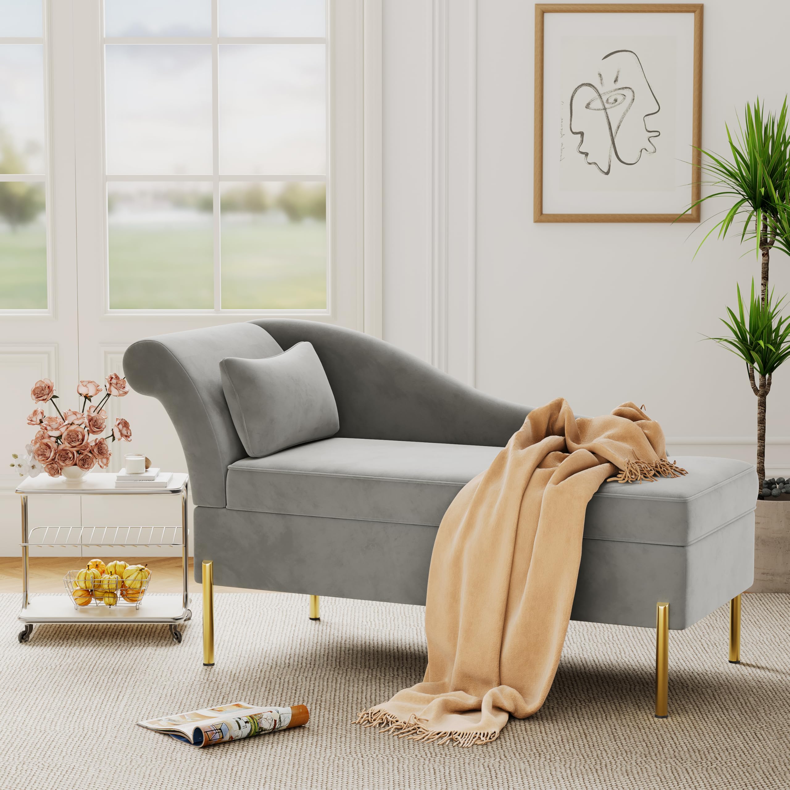 Velvet Chaise Lounge with Storage, Modern Upholstered Tufted Chaise Lounge Chair Indoor Sofa Recliner Couch for Bedroom Office Living Room - Velvet Light Grey (Left Armrest)