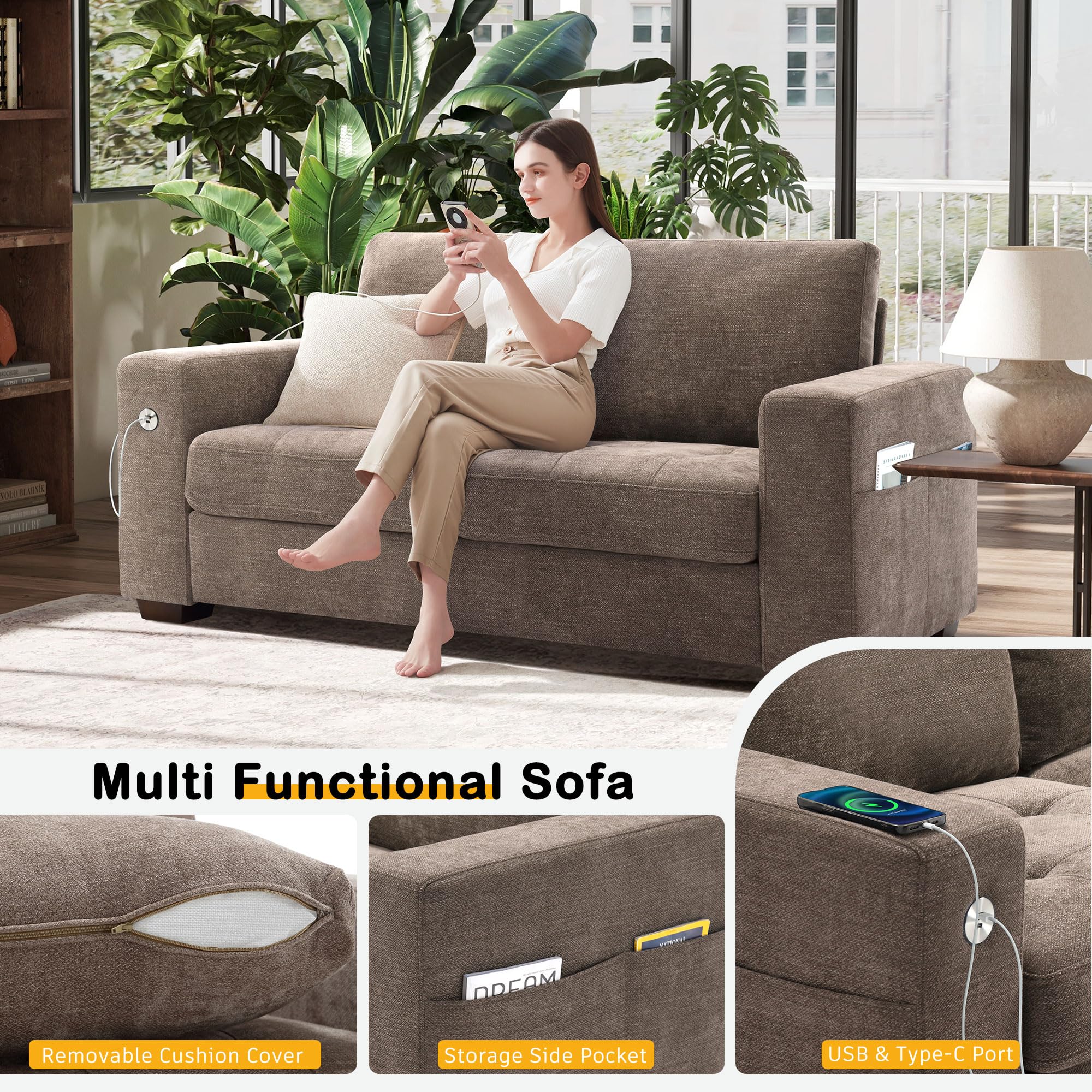 70" Loveseat Sofa – Modern Chenille Couch with USB/Type-C Ports, Removable Cover & Wide Armrest, For Small Living Spaces