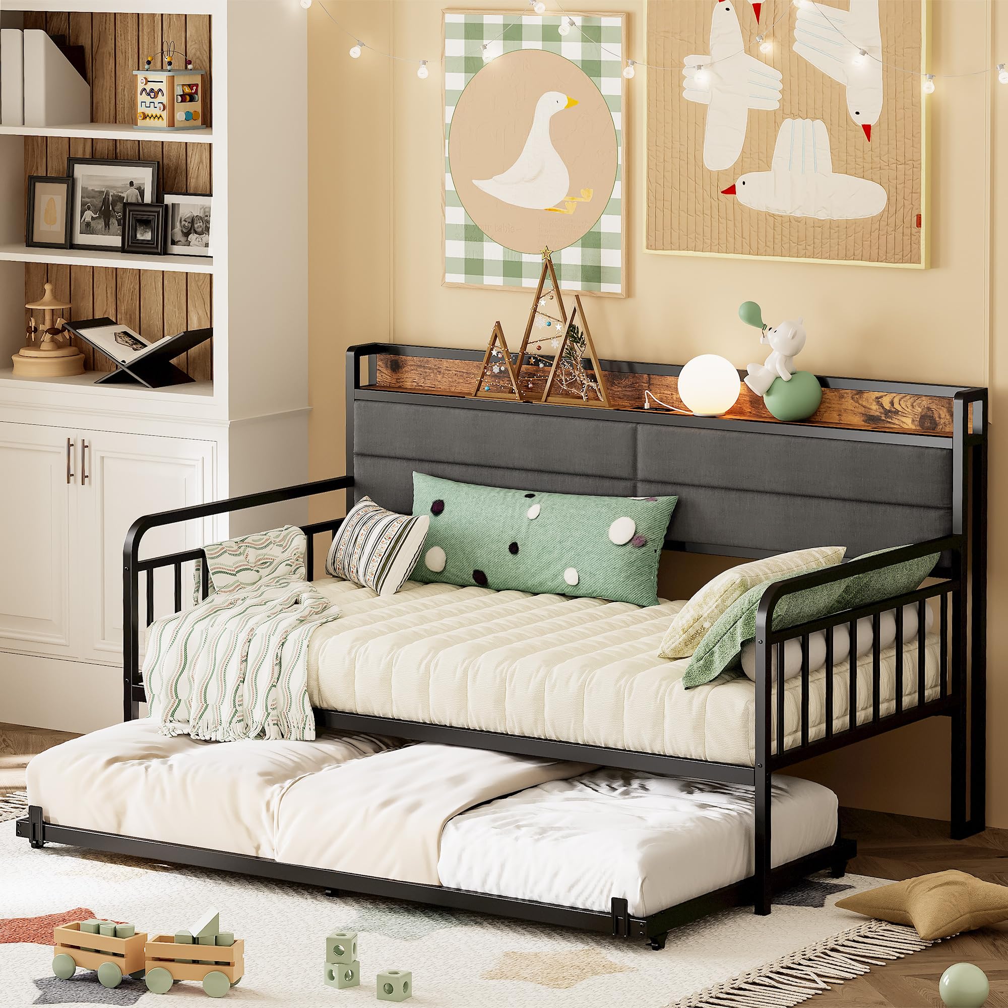 Twin XL Daybed with Trundle – Black Metal Frame with Headboard, Charging Station for Bedroom, Guest Room or Living Room