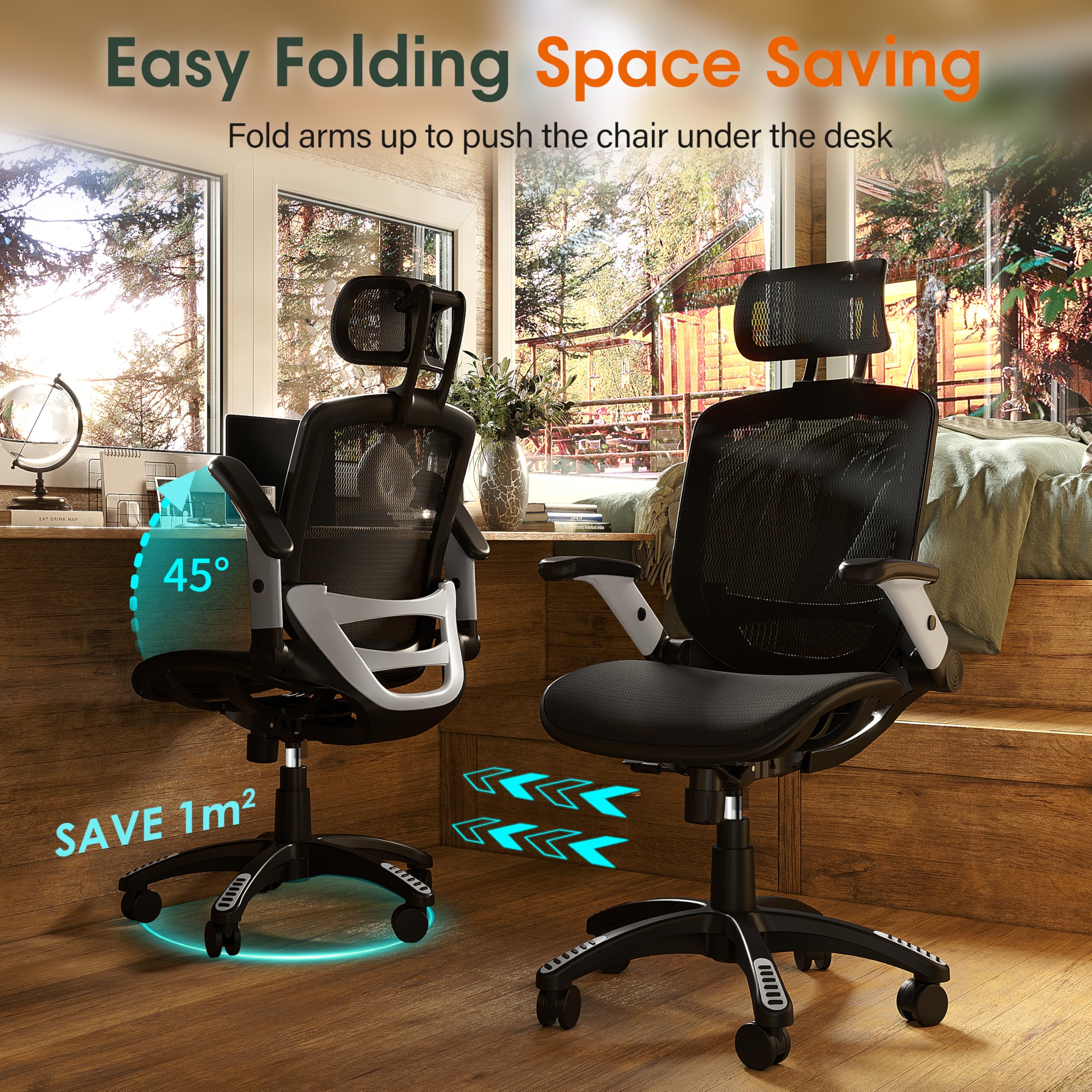 High Back Ergonomic Office Chair with Headrest, Flip-Up Arms, Wide Seat, Tilt Lock, Mesh Chair, Black
