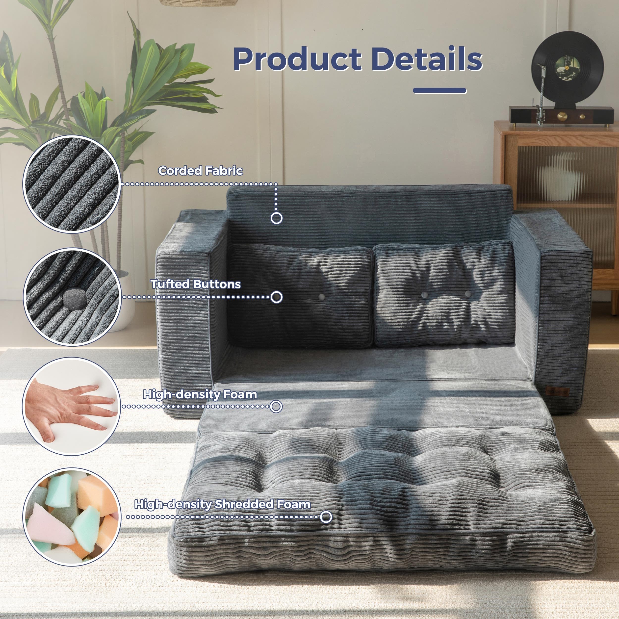 Convertible Sofa Bed – 2-in-1 Pull Out Loveseat Sleeper with Foldable Frame & Pillows, Dark Grey Couch for Lounge or Bedroom