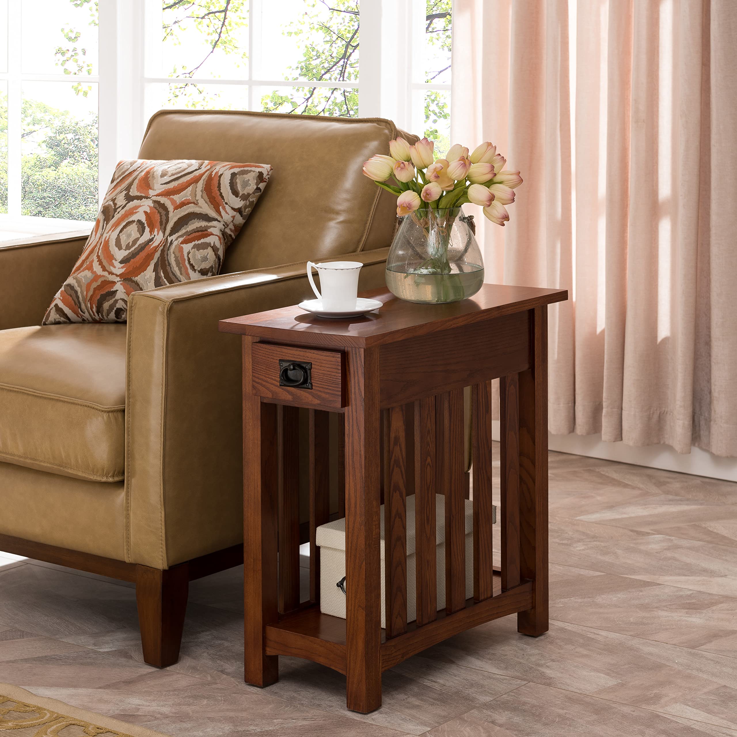 Medium Oak Mission End Table, Narrow Wood Side Table with Drawer and Shelf, Easy Assembly