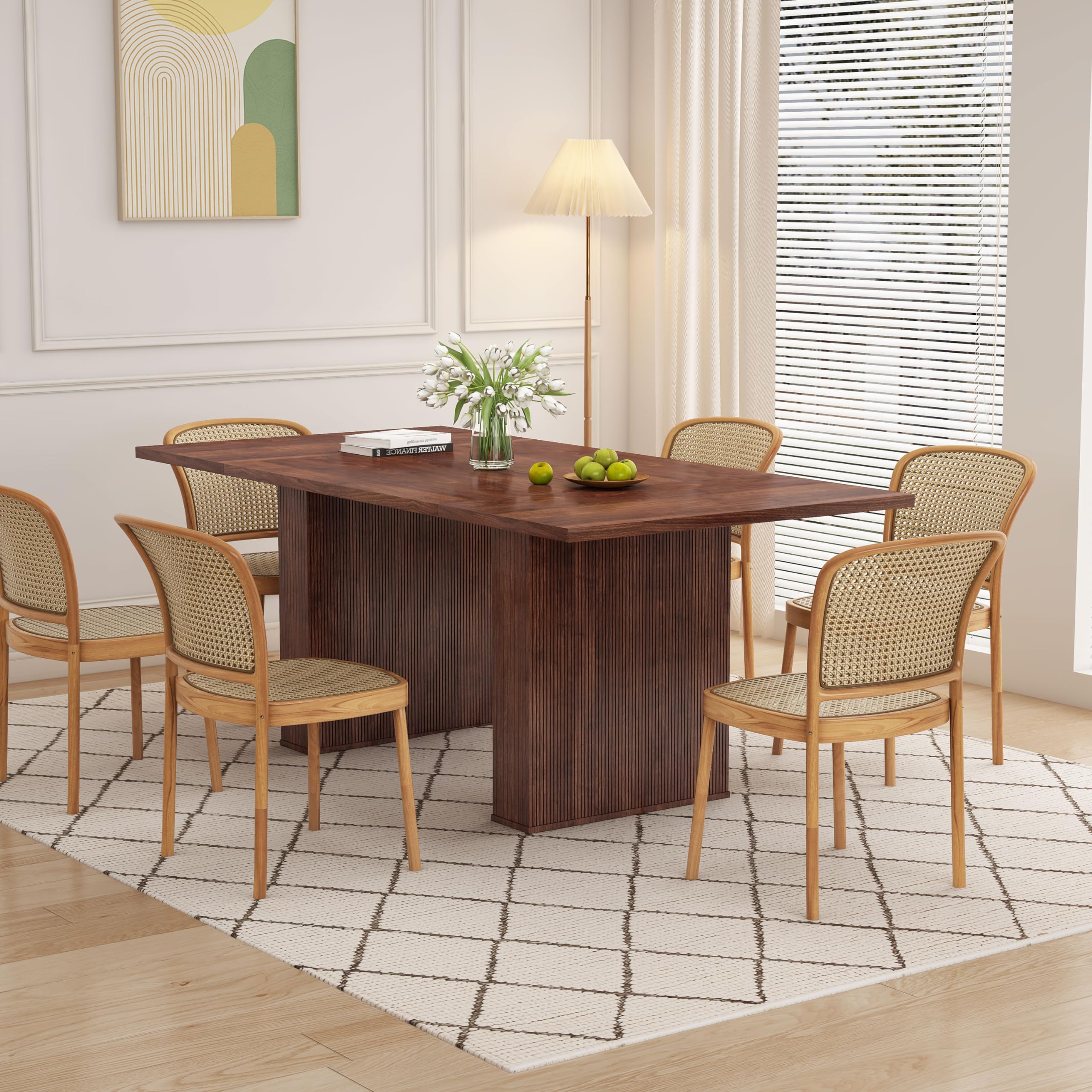 78" Modern Farmhouse Dining Table, Long Walnut Kitchen Table with Wood Strip Base for 6-10 People