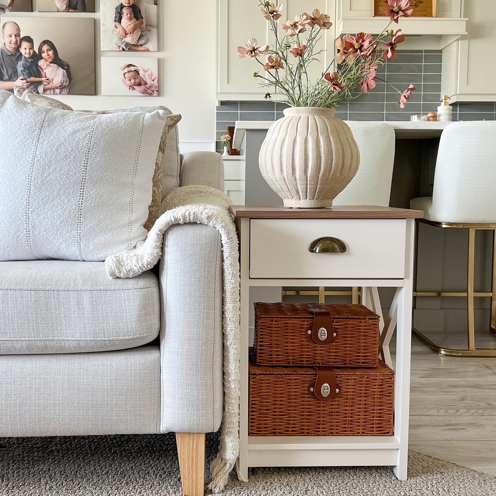 Ivory White Farmhouse End Table Set of 2, Small Bedside Tables for Bedroom or Living Room Use