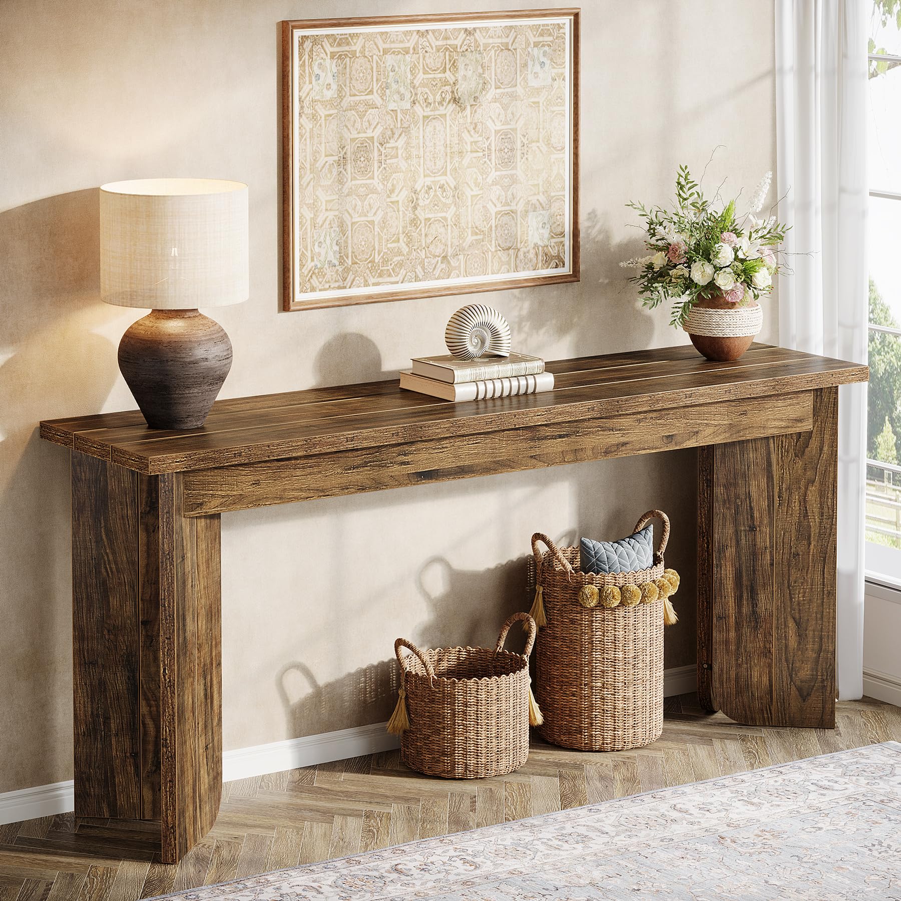 70.9" Extra Long Farmhouse Console Table, Wooden Sofa Table with Wide Top & Sturdy Pedestal for Living Room, Brown