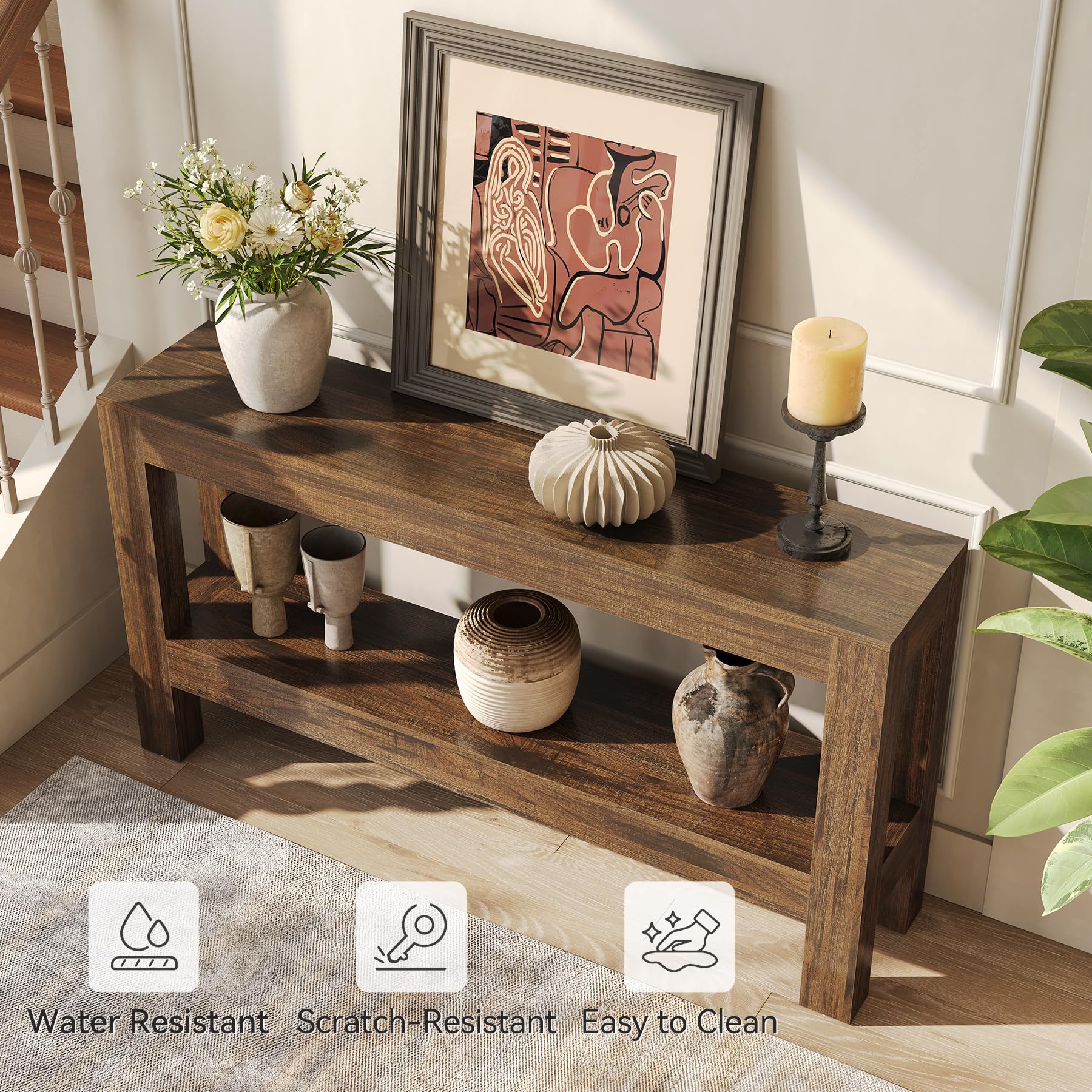 63" Narrow Console Table with 2-Tier Shelves, Farmhouse Wooden Entryway Table for Sofa, Hallway, or Living Room