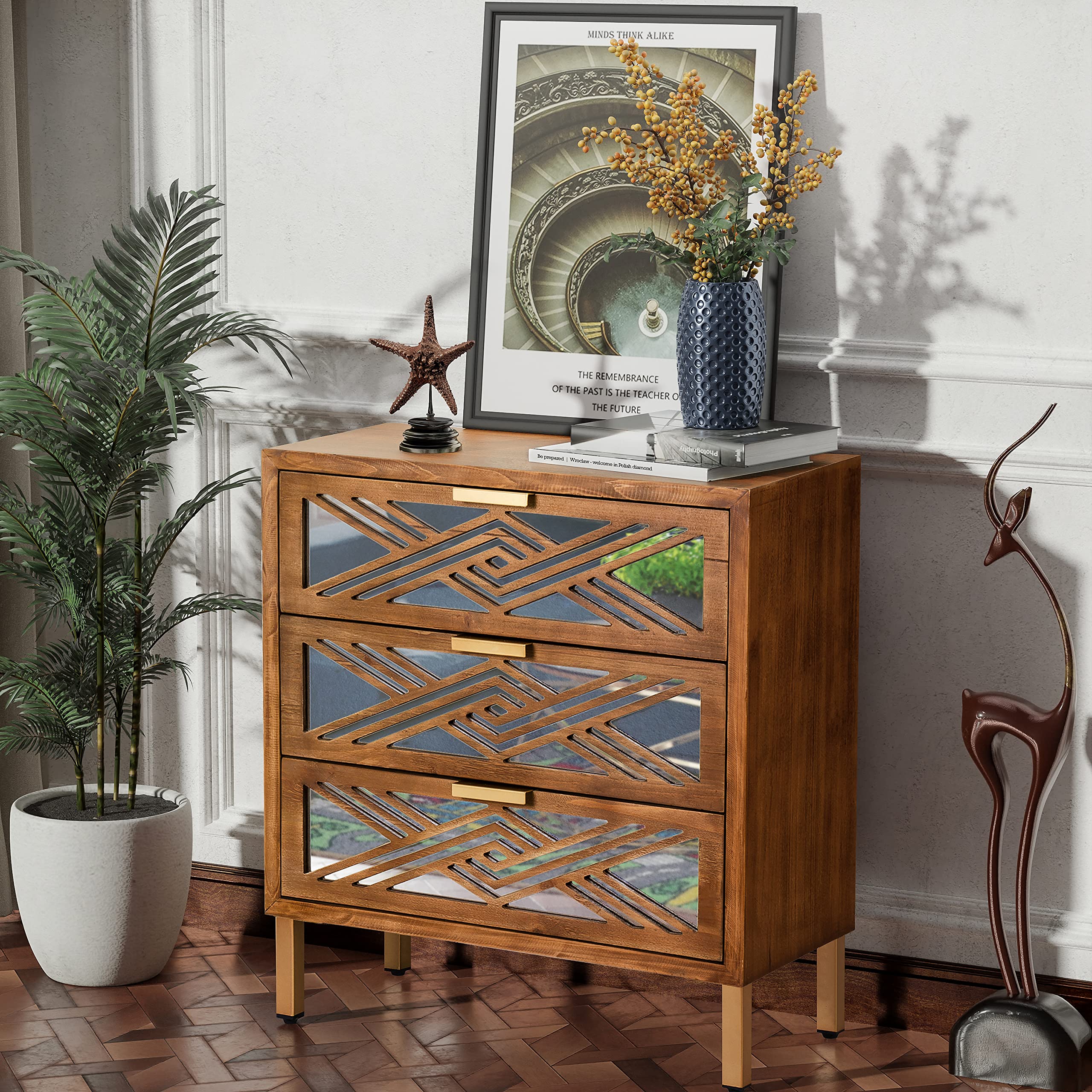 Modern Farmhouse 3-Drawer Accent Chest with Mirror Fronts, Clean-Line Dresser for Living Room, Bedroom, Entryway