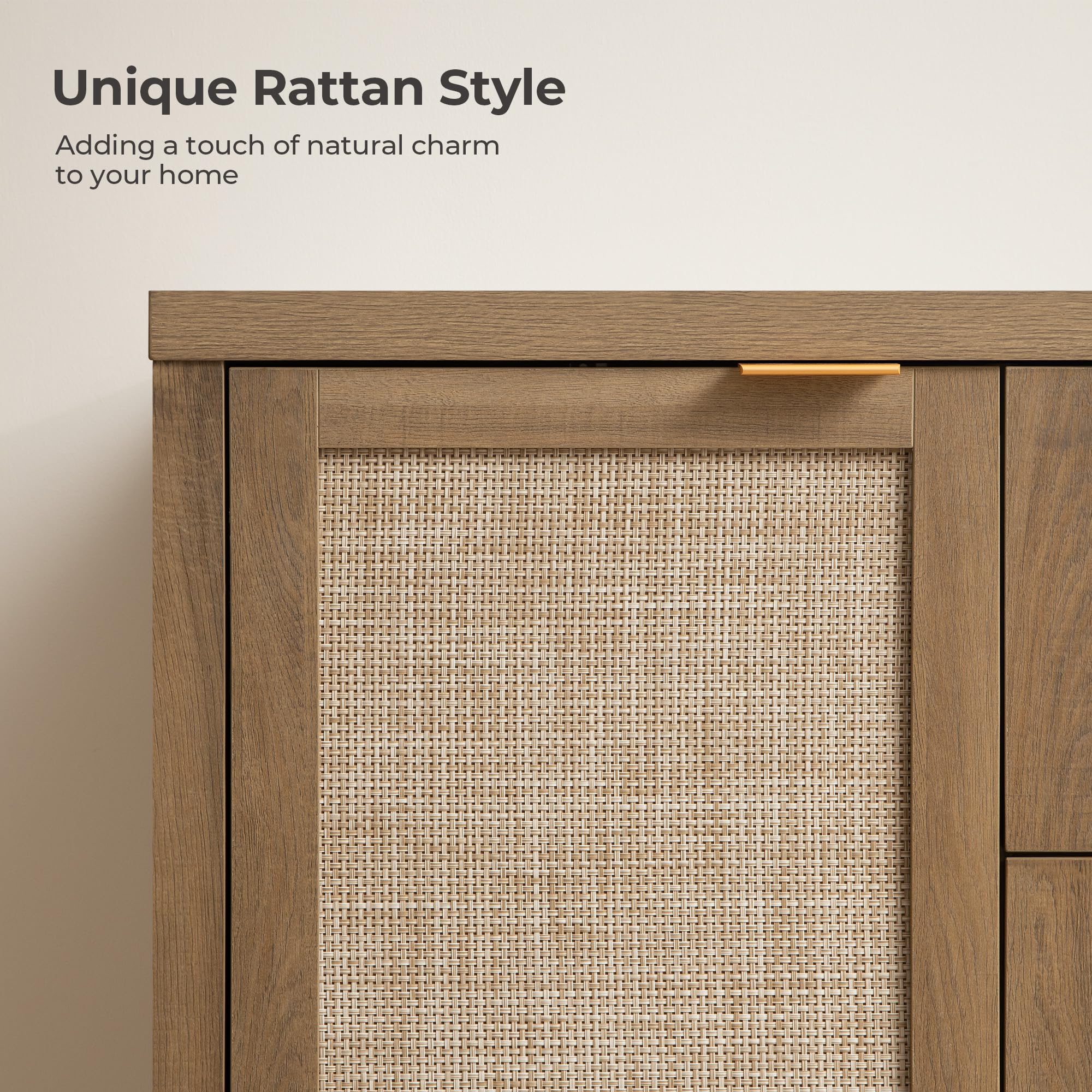 52" Rattan Sideboard Buffet Cabinet with 3 Drawers & 2 Doors, Boho Storage Console for Kitchen, Oak