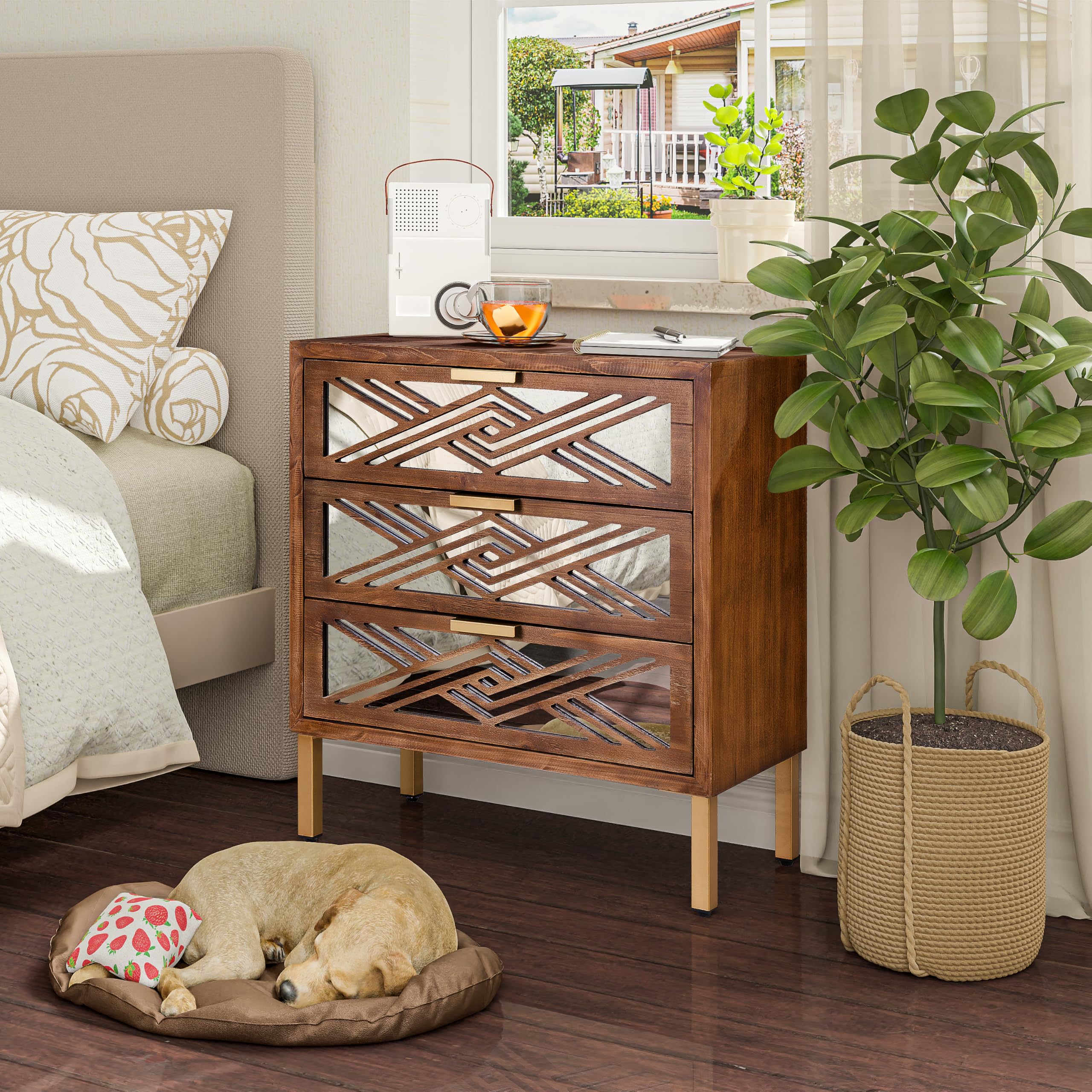 Modern Farmhouse 3-Drawer Accent Chest with Mirror Fronts, Clean-Line Dresser for Living Room, Bedroom, Entryway