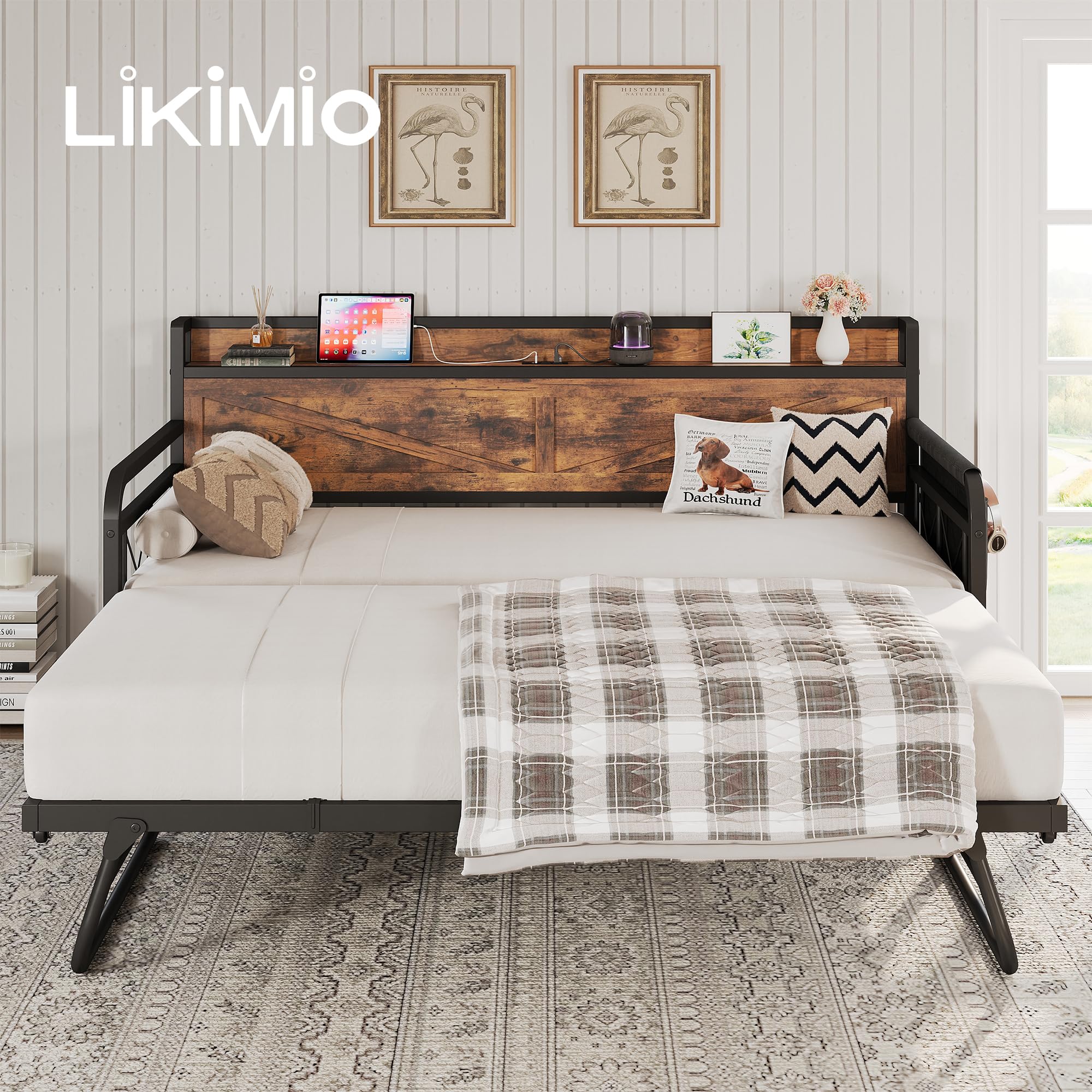 Twin Daybed with Trundle – Brown Industrial Sofa Bed with Storage Headboard & Charging Station for Bedroom or Guest Room