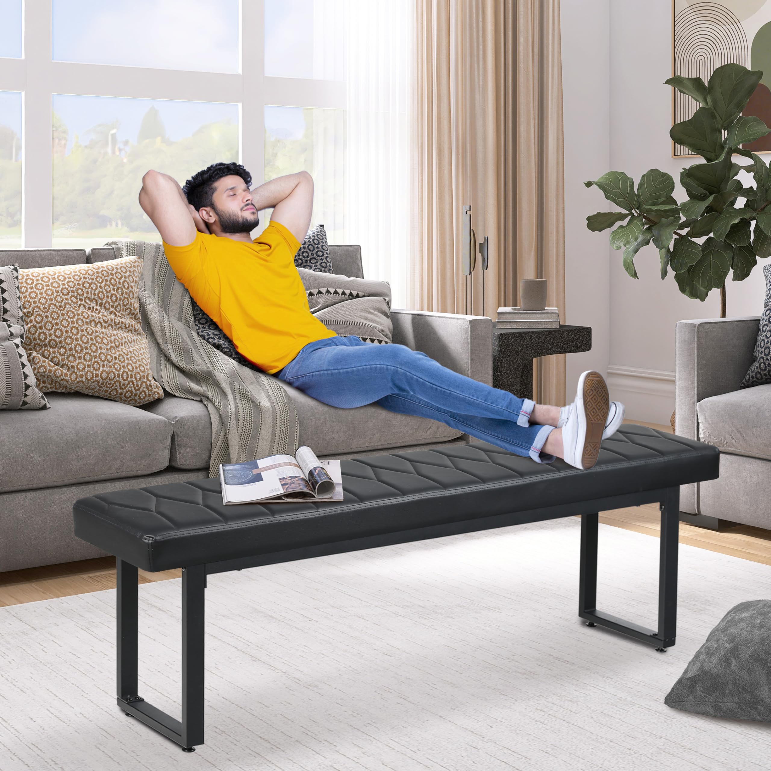 58" Faux Leather Dining Bench Set of 2, Indoor Cushioned Benches for Entryway, Bedside, Dining Room
