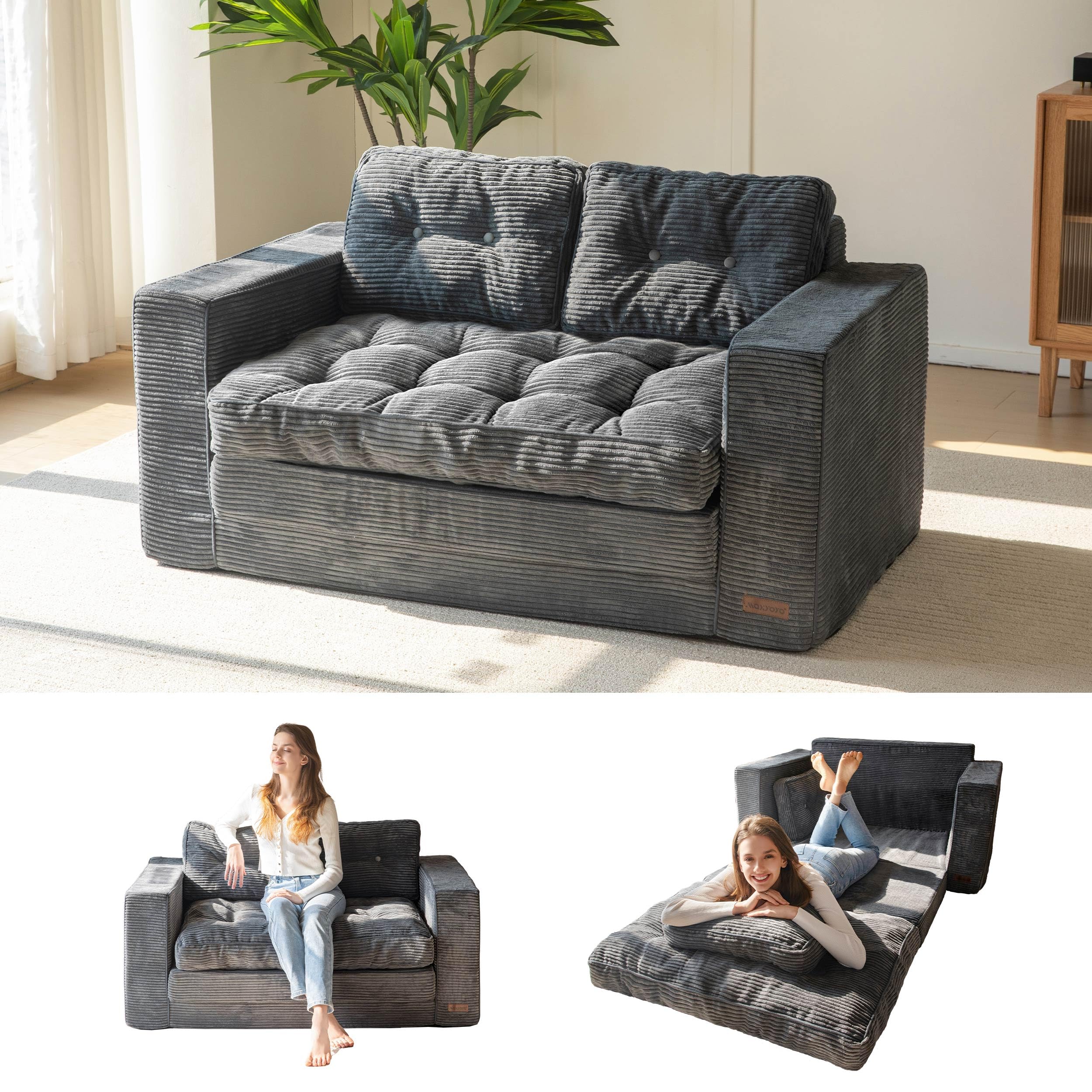 Convertible Sofa Bed – 2-in-1 Pull Out Loveseat Sleeper with Foldable Frame & Pillows, Dark Grey Couch for Lounge or Bedroom