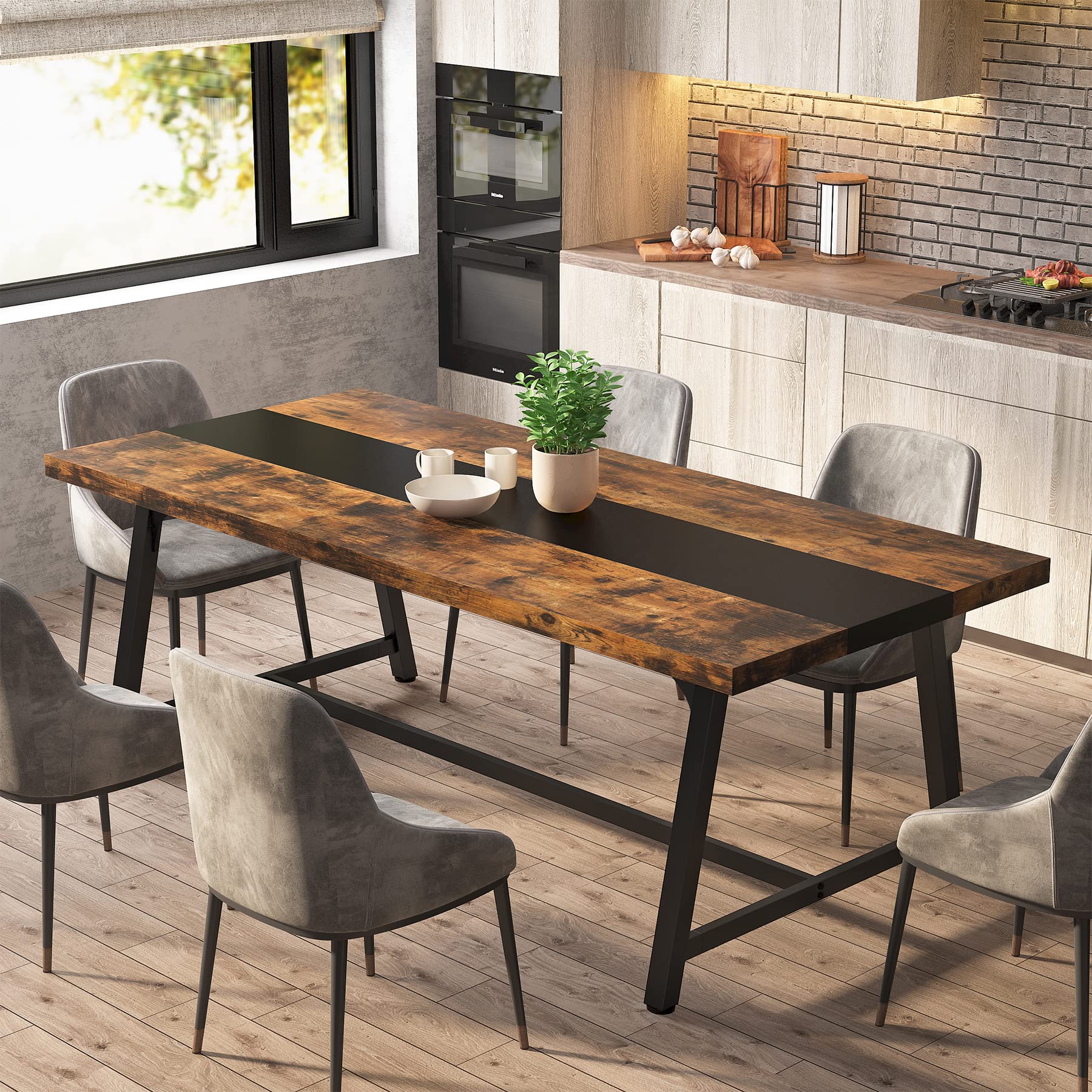 70.87" Industrial Dining Table, Large Rustic Brown Wood Kitchen Table with Metal Frame for Big Families
