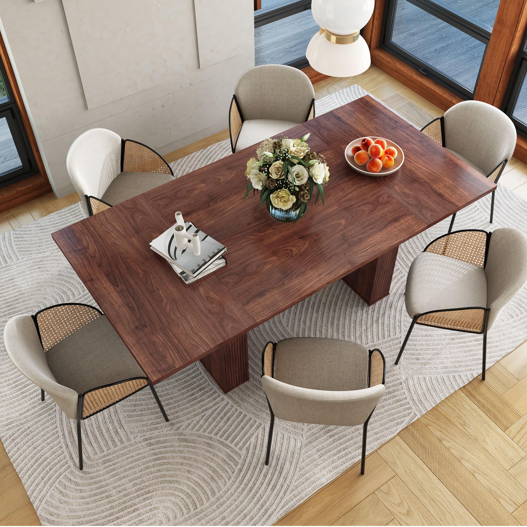 78" Modern Farmhouse Dining Table, Long Walnut Kitchen Table with Wood Strip Base for 6-10 People