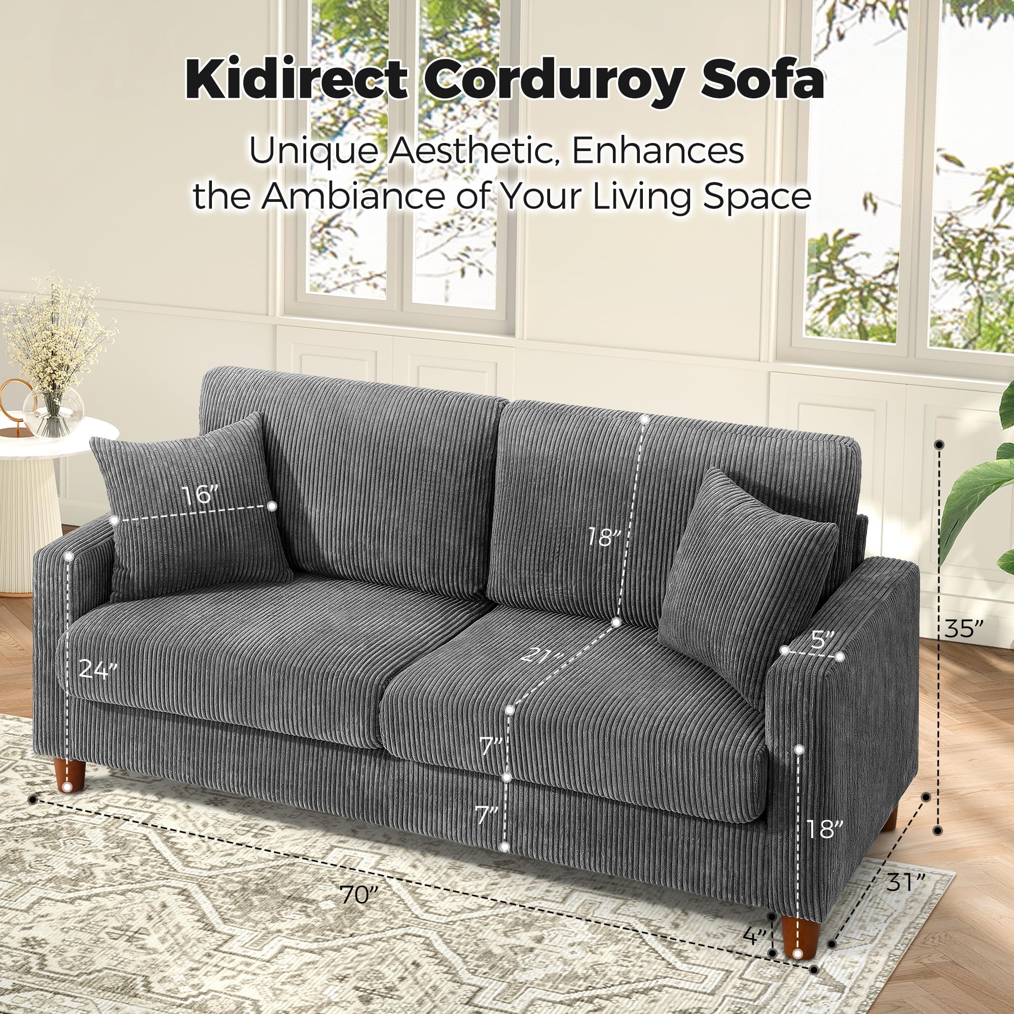 70in Grey Sofa with 21in Deep Seats, Tool-Free Comfy Corduroy Loveseat with Pillows for Bedroom, Living Room, Apartment