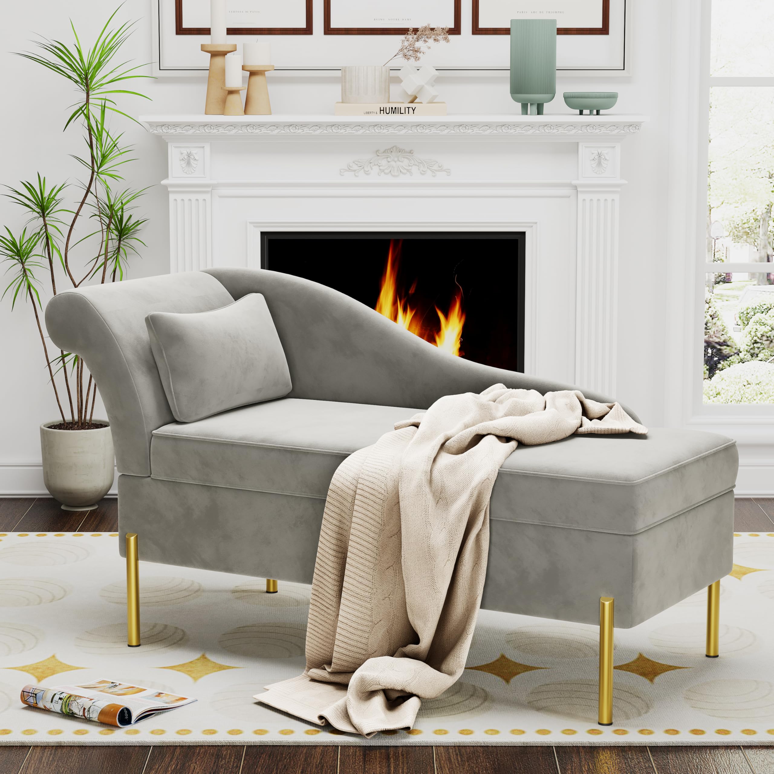 Velvet Chaise Lounge with Storage, Modern Upholstered Tufted Chaise Lounge Chair Indoor Sofa Recliner Couch for Bedroom Office Living Room - Velvet Light Grey (Left Armrest)