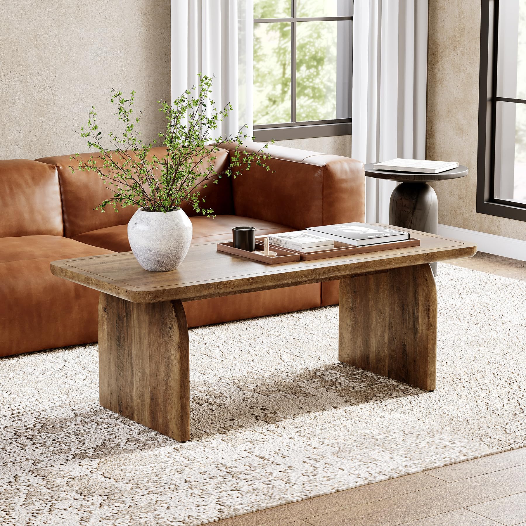 47" Farmhouse Coffee Table, Rustic Brown Wooden Center Table with Rounded Corners for Living Room or Tea Time