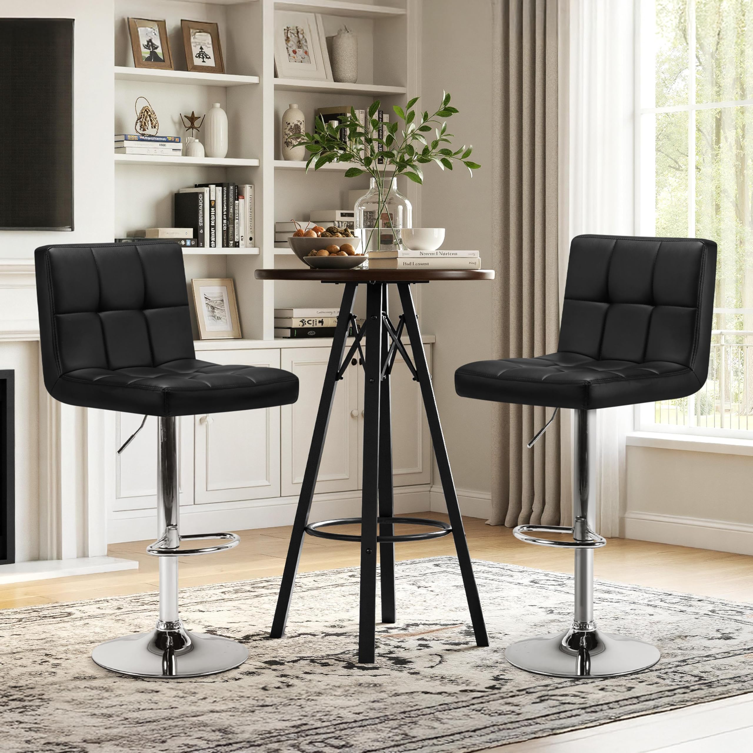 Bar Stools Set of 2, PU Leather Adjustable Swivel Counter Stools with Back & Footrest, Modern Bar Chairs for Kitchen, Black