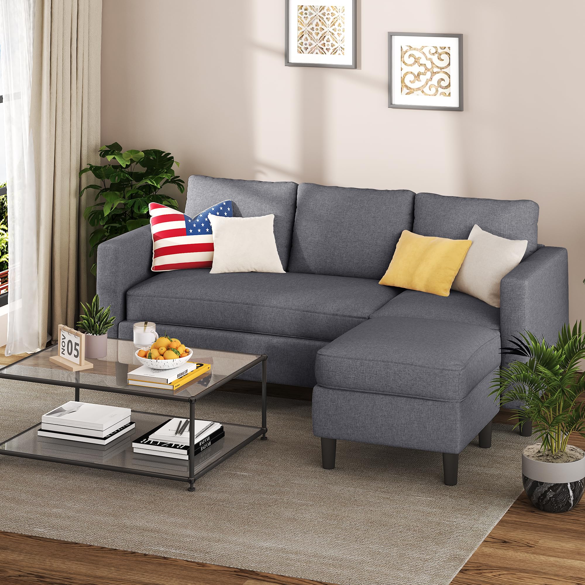 Small Dark Grey Sectional Sofa with Ottoman, Fabric Upholstered 3-Seater Convertible Couch for Apartment, Office