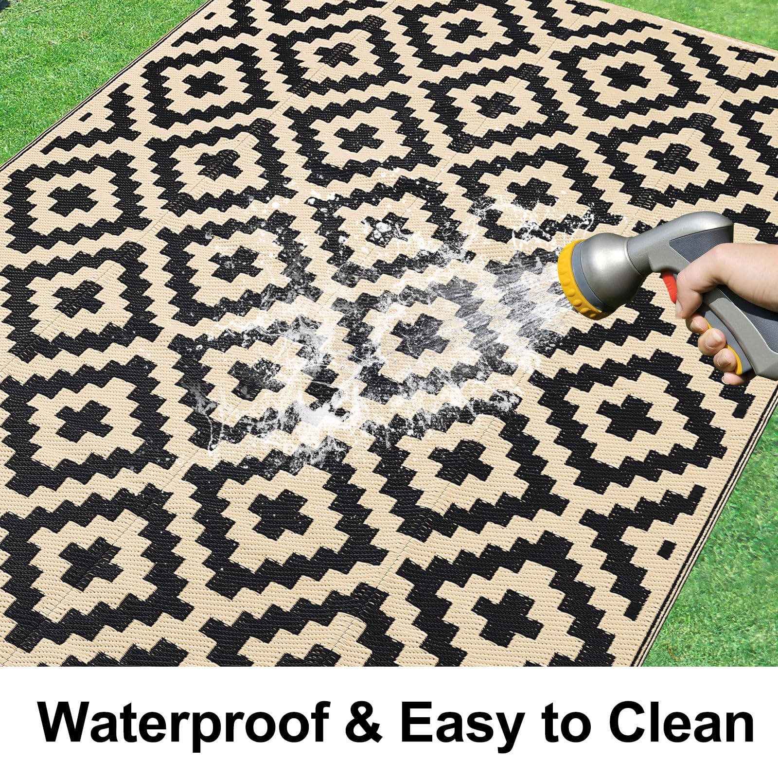 5x8 ft Reversible Outdoor Rug – Waterproof Plastic Straw Mat for Patio, Camping, RV, Deck, Entryway, Black & Beige
