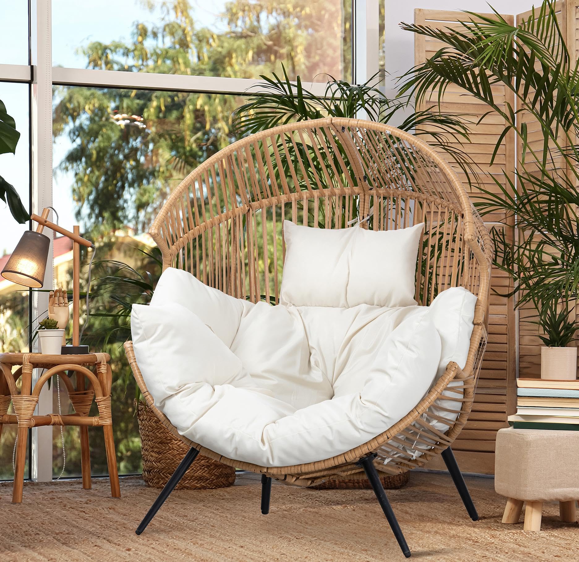 Oversized Wicker Egg Chair – Beige Patio Lounger with Cushion for Indoor Living Room, Balcony or Outdoor Spaces