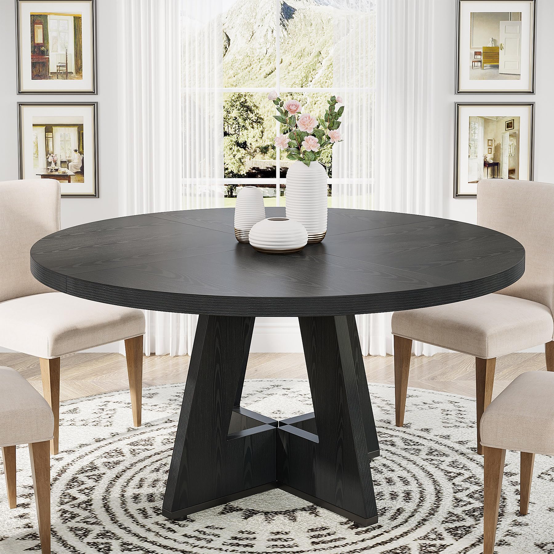 47" Round Wood Dining Table, Farmhouse Pedestal Table for 4, Black Base Kitchen Table for Dining Room