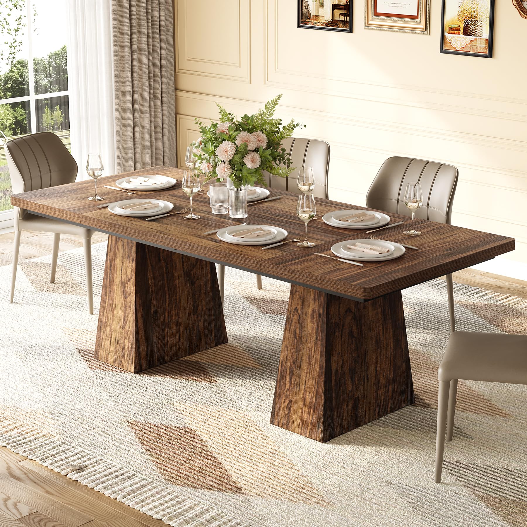 TREE 6-Person Dining Table, Rectangle Wooden Table with Heavy-Duty Legs for Kitchen or Dining Room, Brown