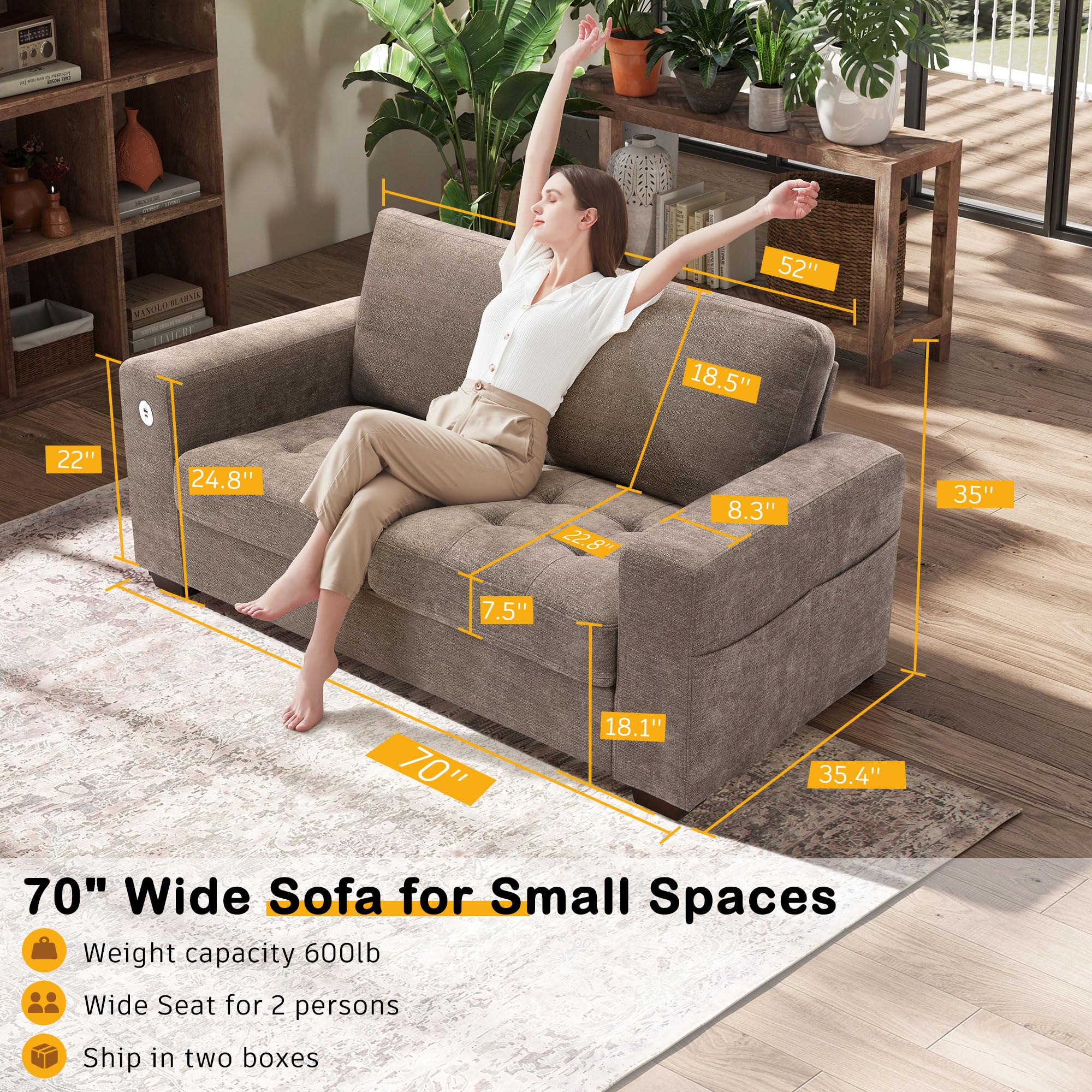 70" Loveseat Sofa – Modern Chenille Couch with USB/Type-C Ports, Removable Cover & Wide Armrest, For Small Living Spaces