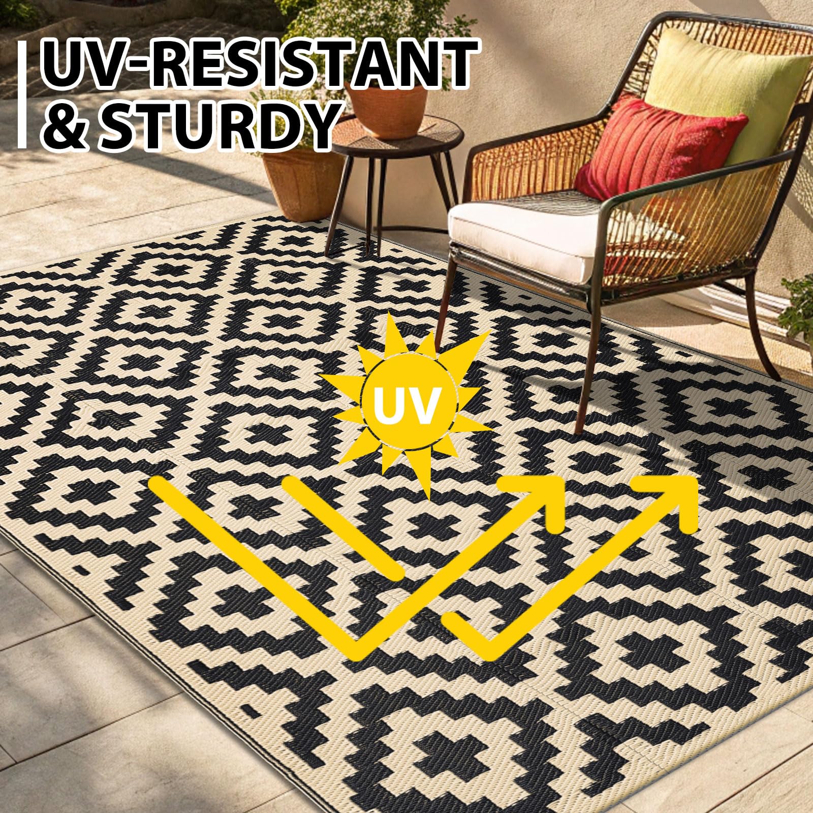 5x8 ft Reversible Outdoor Rug – Waterproof Plastic Straw Mat for Patio, Camping, RV, Deck, Entryway, Black & Beige