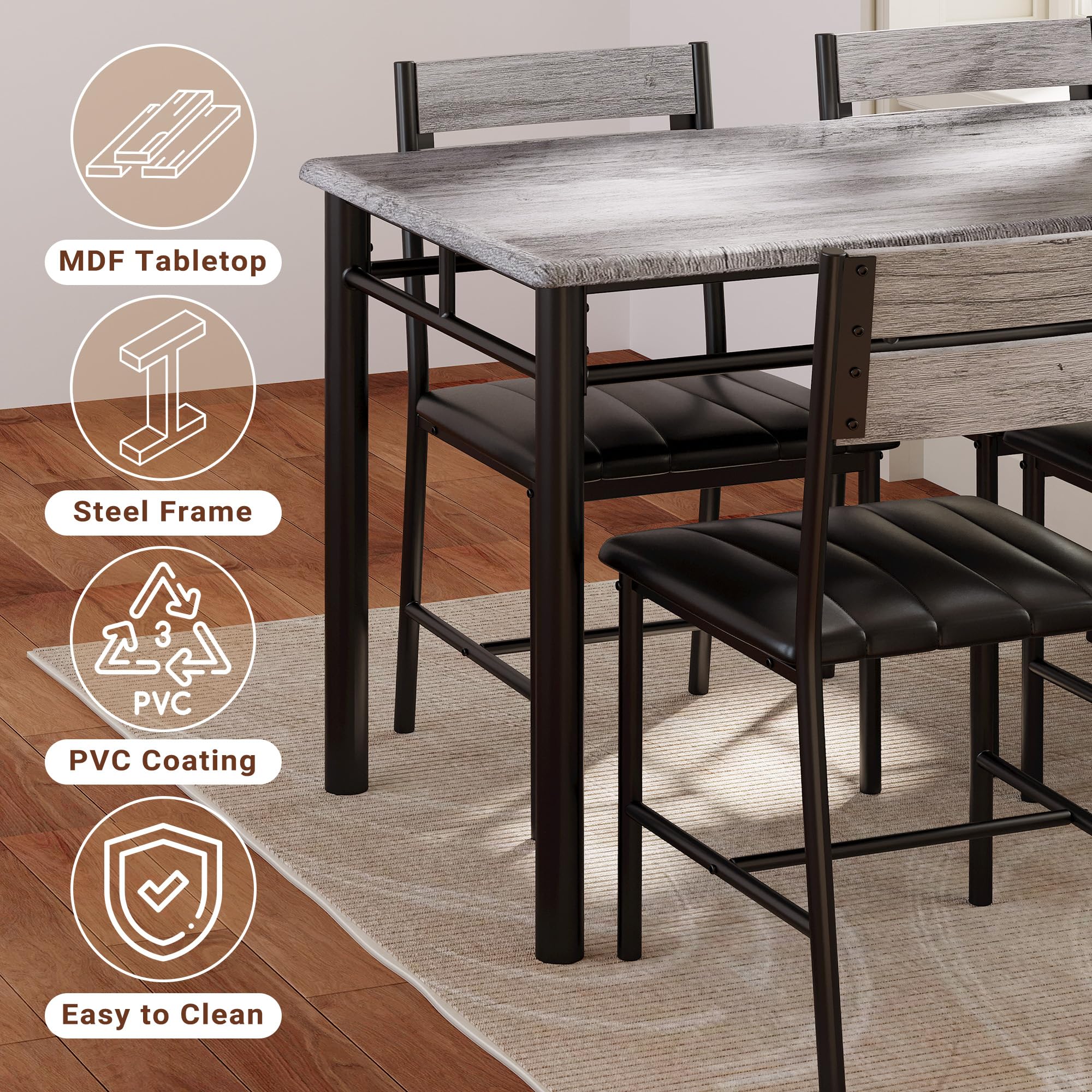 Dining Table Set for 4, Grey Upholstered Chairs with Wood Kitchen Table for Small Dining Room Spaces