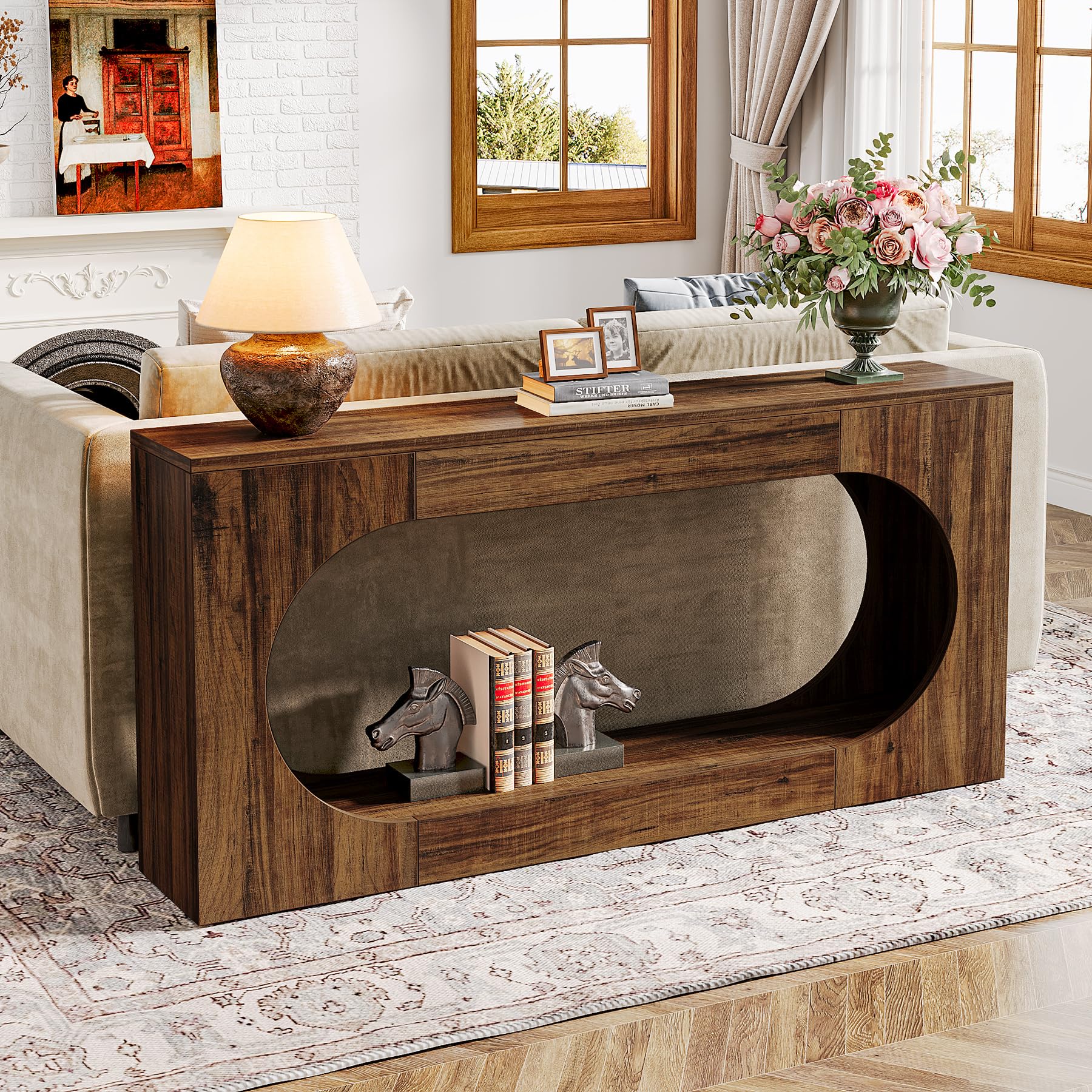 63" Narrow Sofa Table, 2-Tier Farmhouse Entryway Console Table for Hallway, Living Room, Behind Couch, Rustic Brown