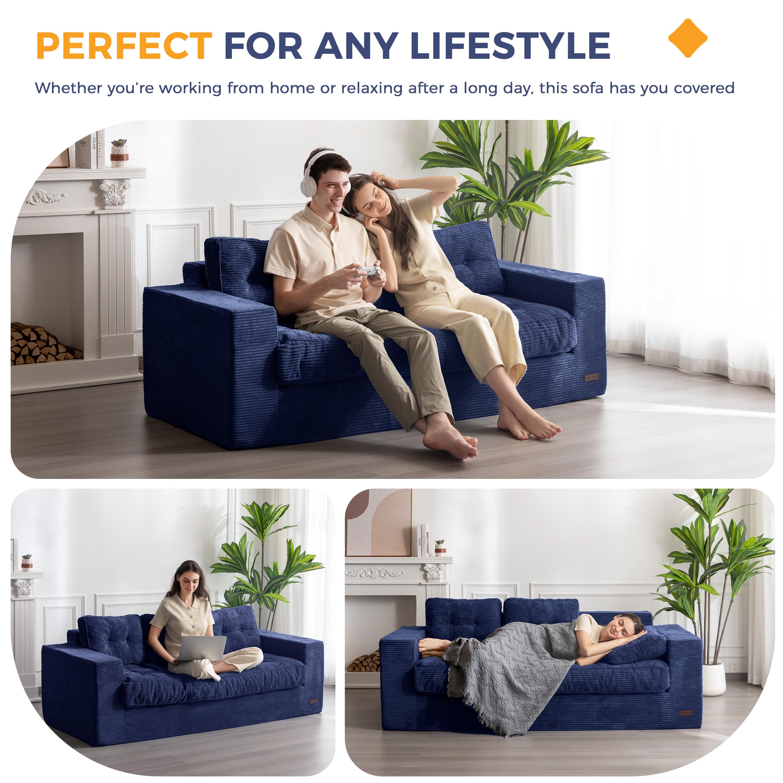 3-Seater Navy Sofa with Tufted Cushions & Armrests, Upholstered Floor Couch, Sofa-in-a-Box, No Assembly Needed