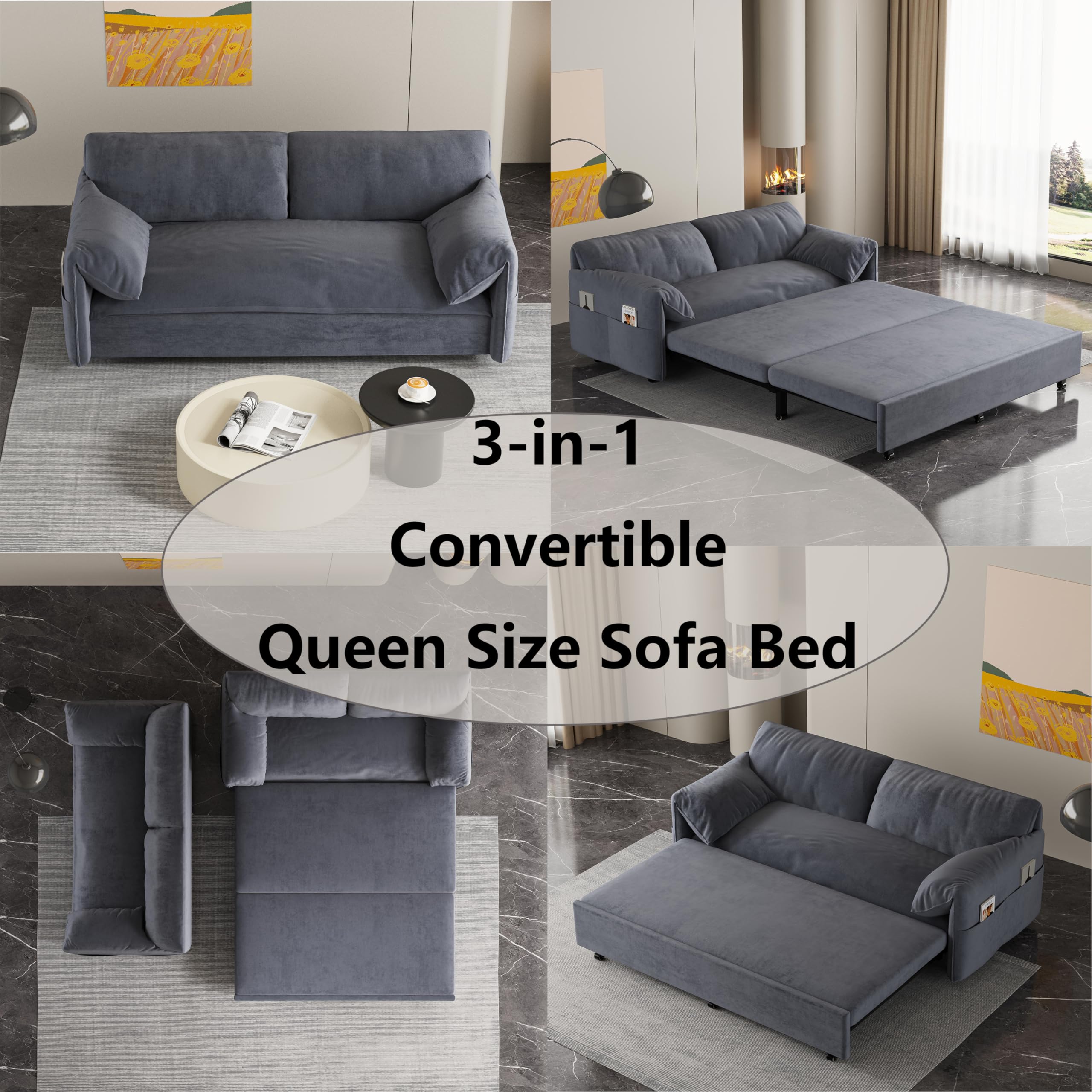 66" Velvet Sleeper Sofa Bed with Comfy Armrest & Side Pockets, Pull-Out Couch Chaise Lounge for RV, Grey