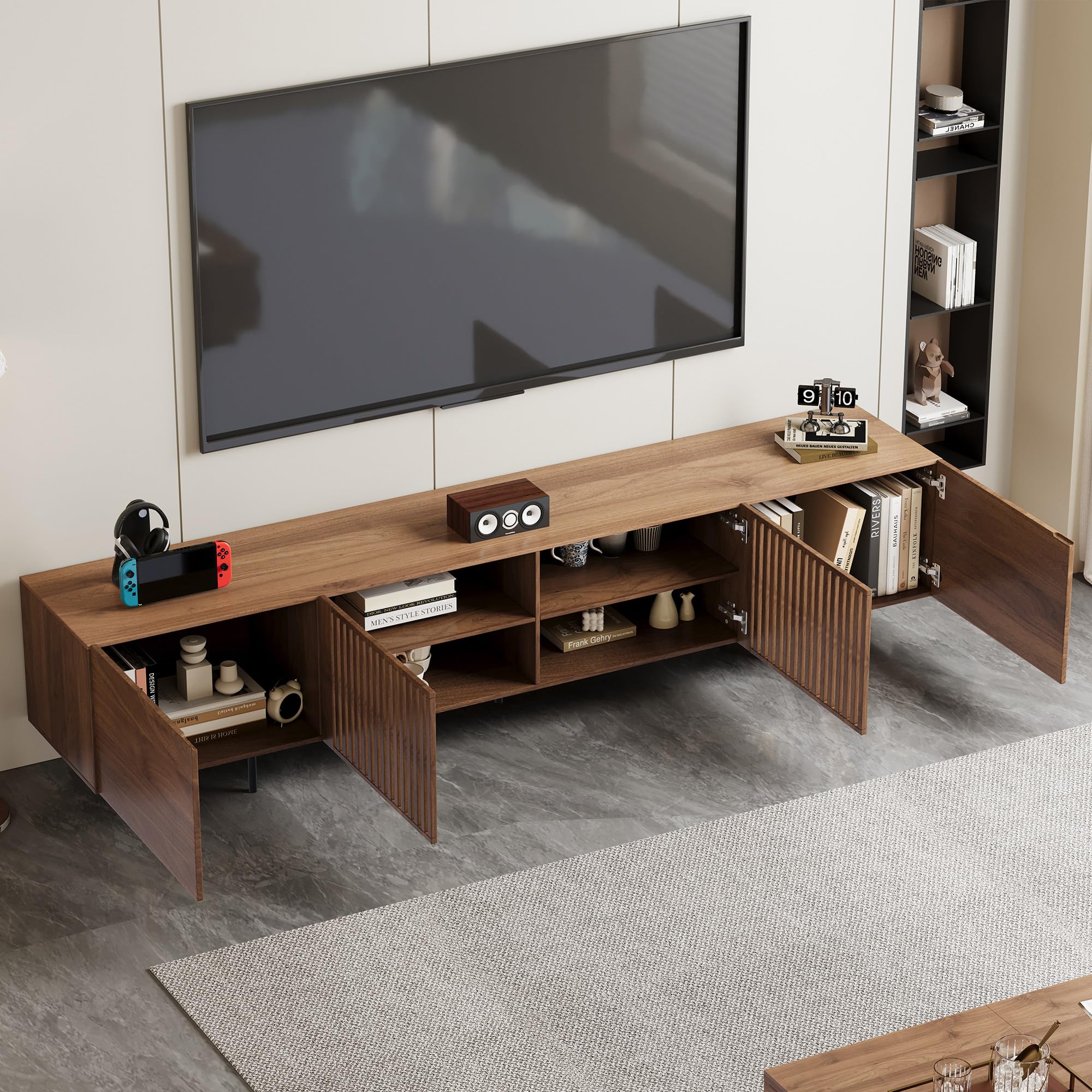Modern Walnut TV Stand – 70.87” Long Console with Grille Doors & Storage Drawers for Bedroom or Living Room