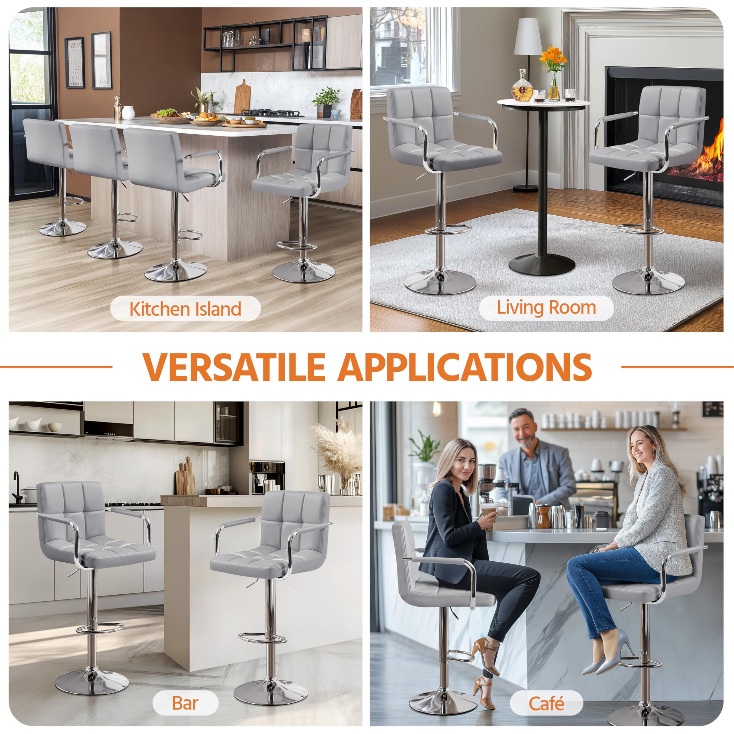 Bar Stools Set of 2, PU Leather Adjustable Swivel Bar Chairs with Back & Armrest, Counter Height Stools for Kitchen, Light Grey
