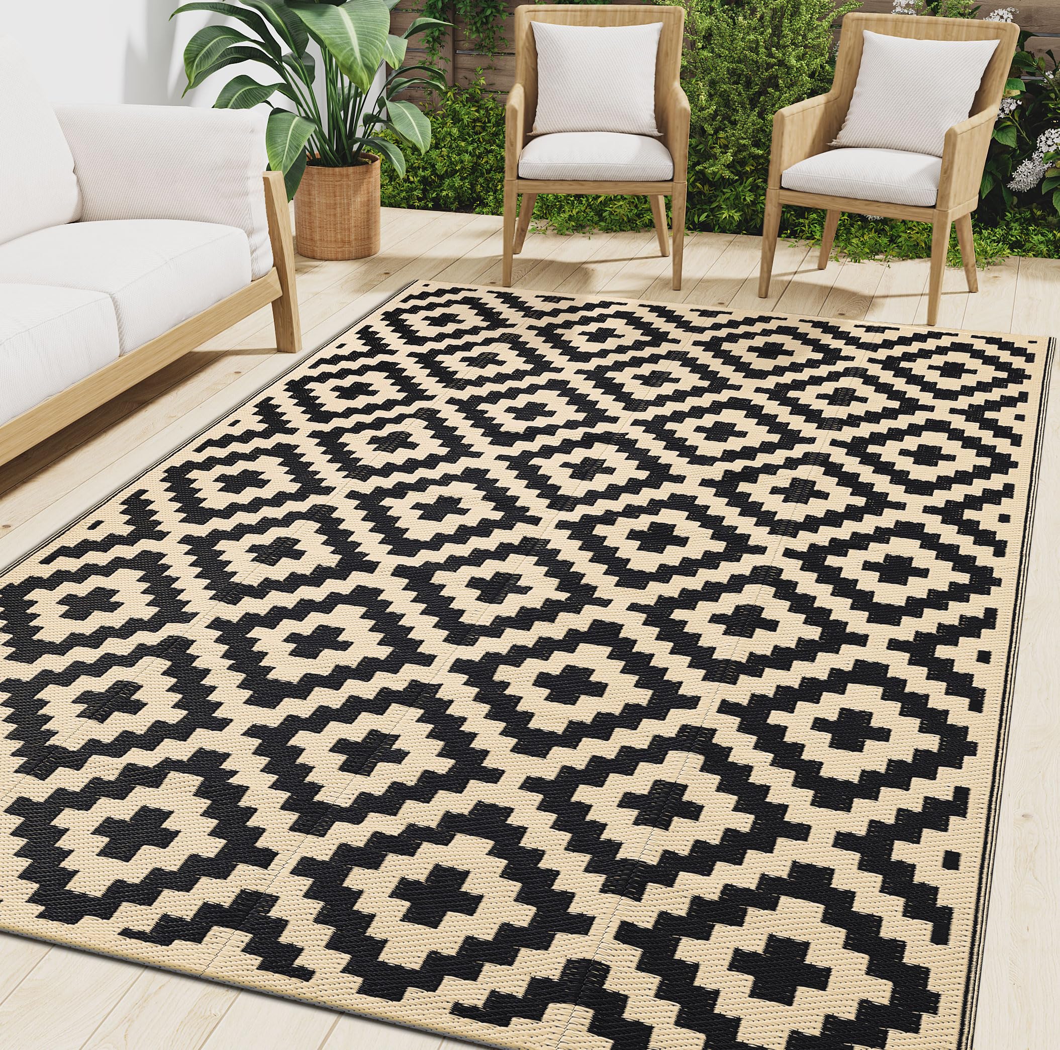 5x8 ft Reversible Outdoor Rug – Waterproof Plastic Straw Mat for Patio, Camping, RV, Deck, Entryway, Black & Beige