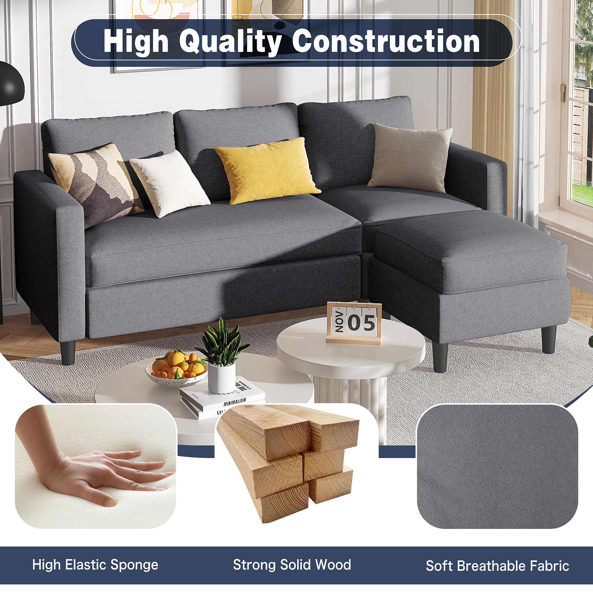 Small Dark Grey Sectional Sofa with Ottoman, Fabric Upholstered 3-Seater Convertible Couch for Apartment, Office