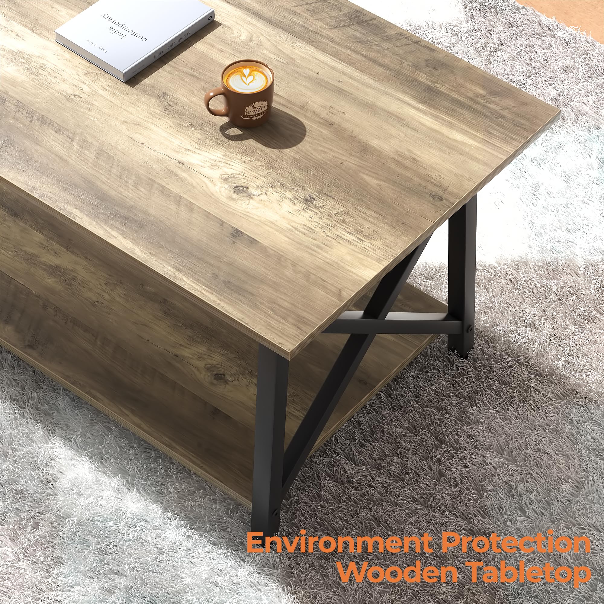 FURNIXI 39" Modern 2-Tier Coffee Table, Grey Wash X-Frame Farmhouse Living Room Table with Storage, Easy Assembly