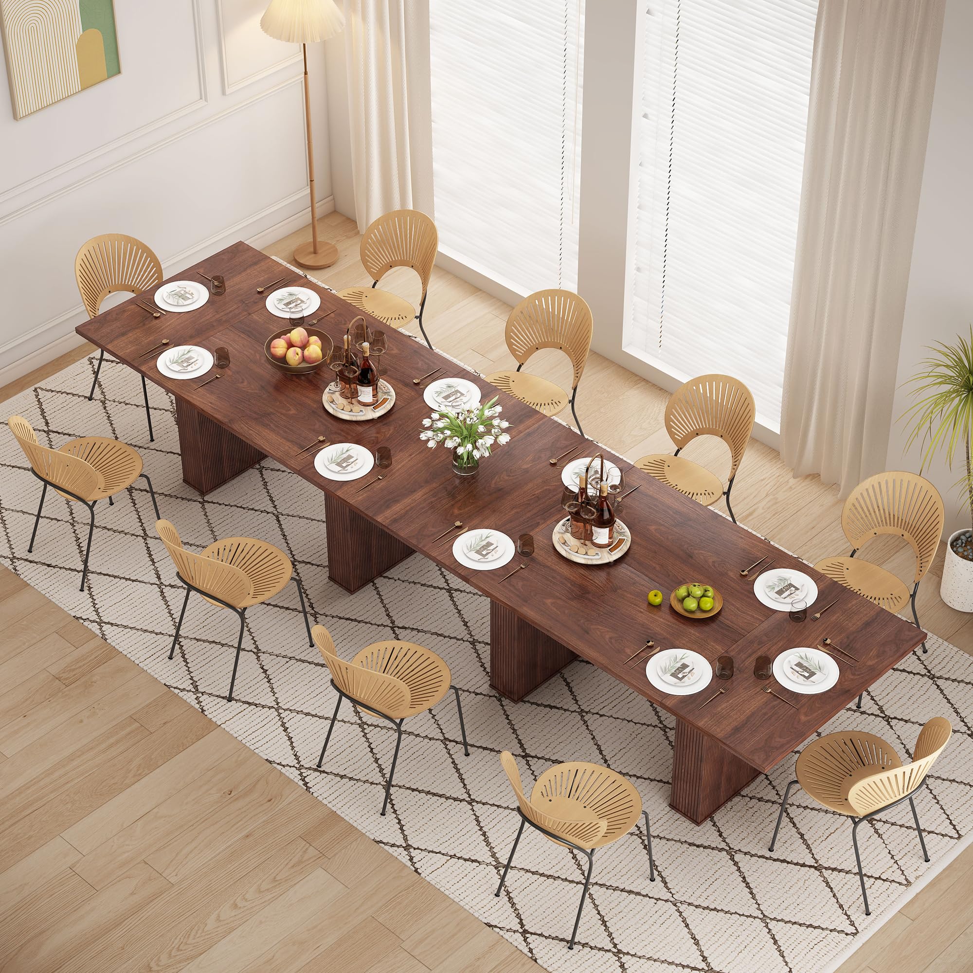 78" Modern Farmhouse Dining Table, Long Walnut Kitchen Table with Wood Strip Base for 6-10 People