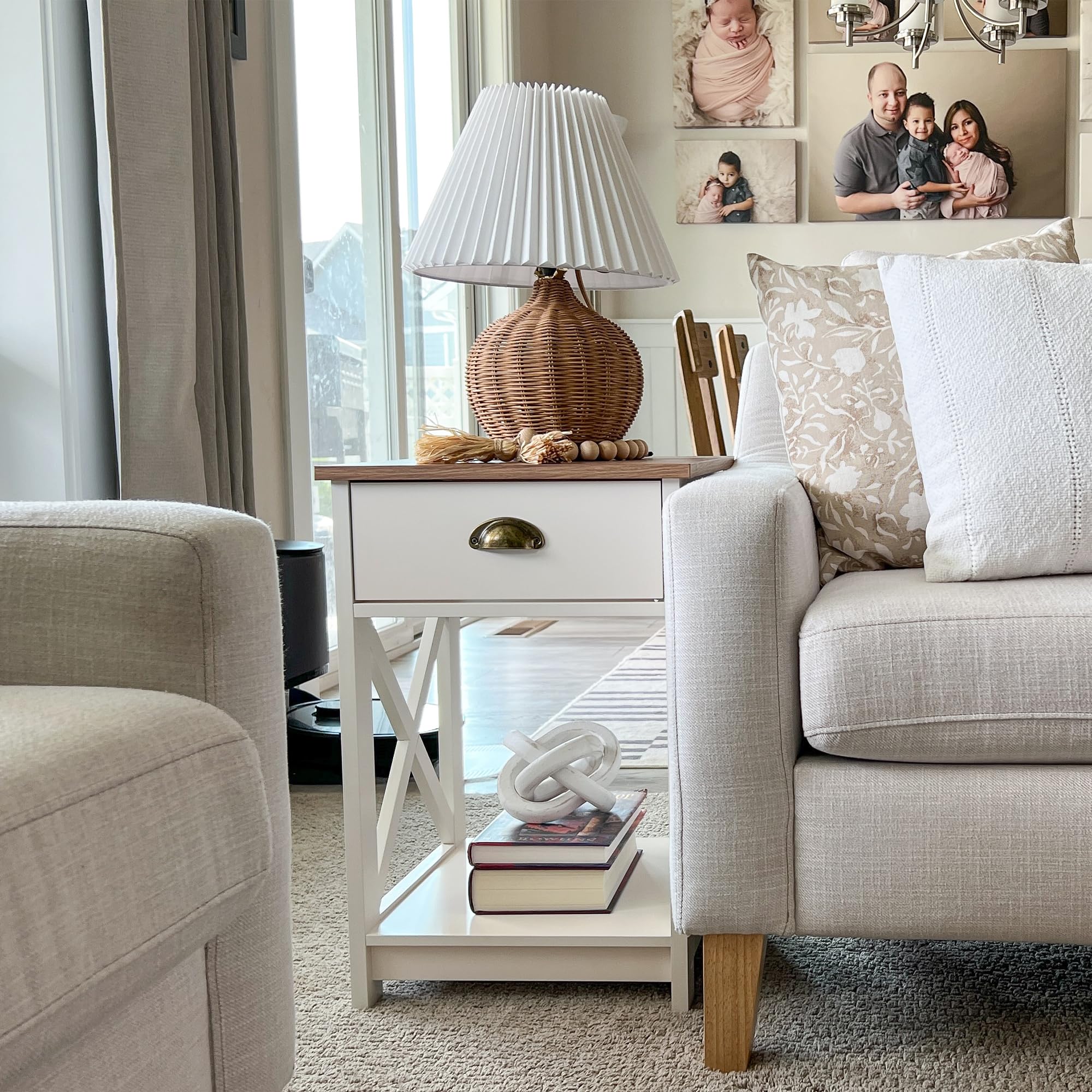 Ivory White Farmhouse End Table Set of 2, Small Bedside Tables for Bedroom or Living Room Use
