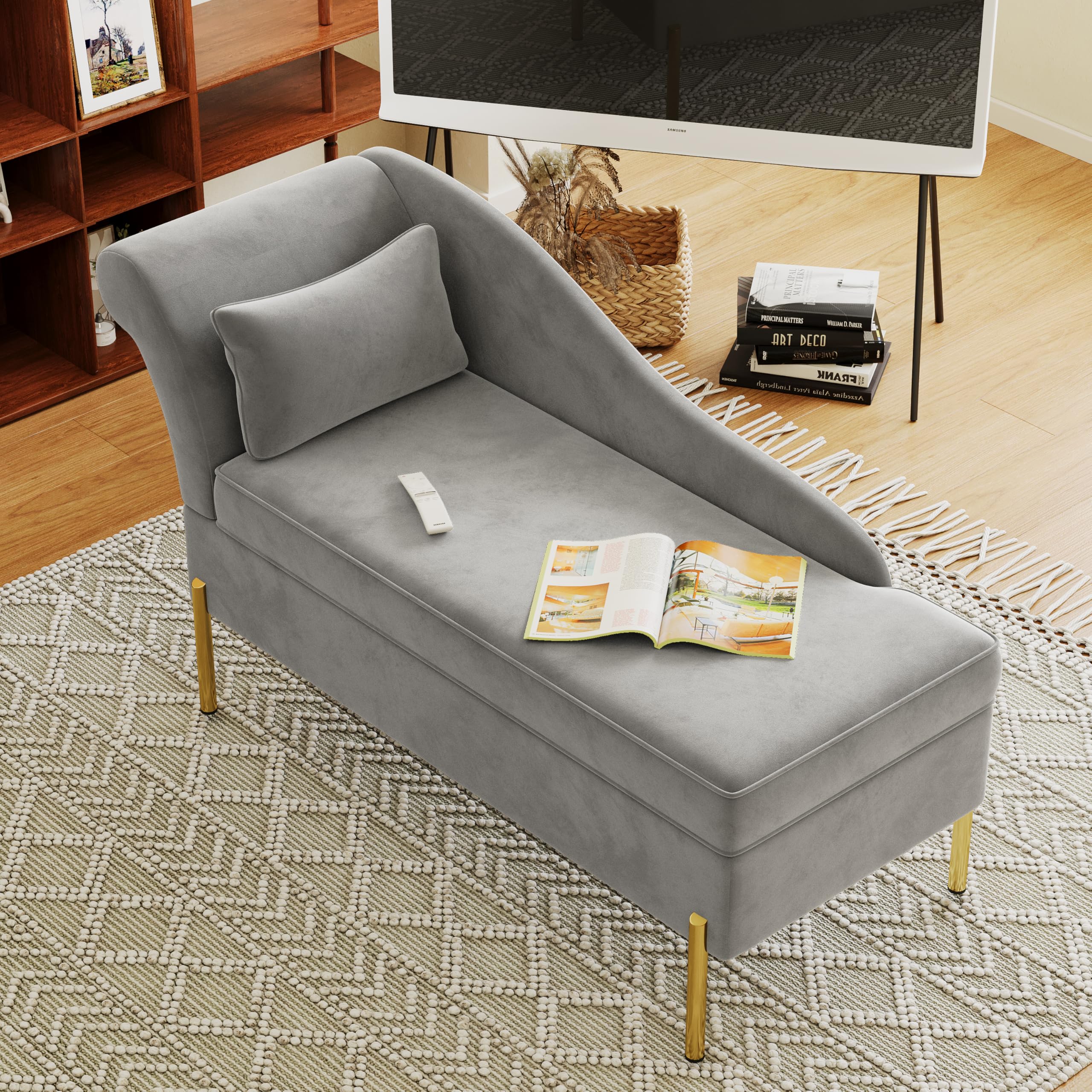 Velvet Chaise Lounge with Storage, Modern Upholstered Tufted Chaise Lounge Chair Indoor Sofa Recliner Couch for Bedroom Office Living Room - Velvet Light Grey (Left Armrest)